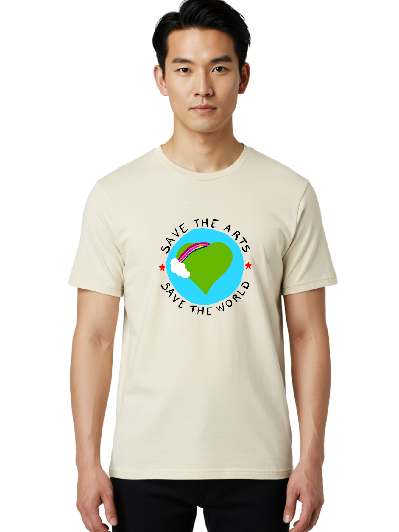 Save-The-Arts-Save-The-World Men'S Graphic Tee, 100% Cotton, Comfortable Casual Summer Wear, Machine Washable, Heart-Shaped Earth, Rainbow, Cloud, Save The Arts, Save The World, Creative Expression, Artistic Activism, -  Aaa120