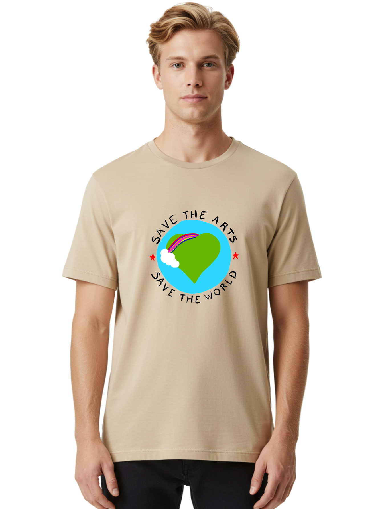 Save-The-Arts-Save-The-World Men'S Graphic Tee, 100% Cotton, Comfortable Casual Summer Wear, Machine Washable, Heart-Shaped Earth, Rainbow, Cloud, Save The Arts, Save The World, Creative Expression, Artistic Activism, -  Aaa120