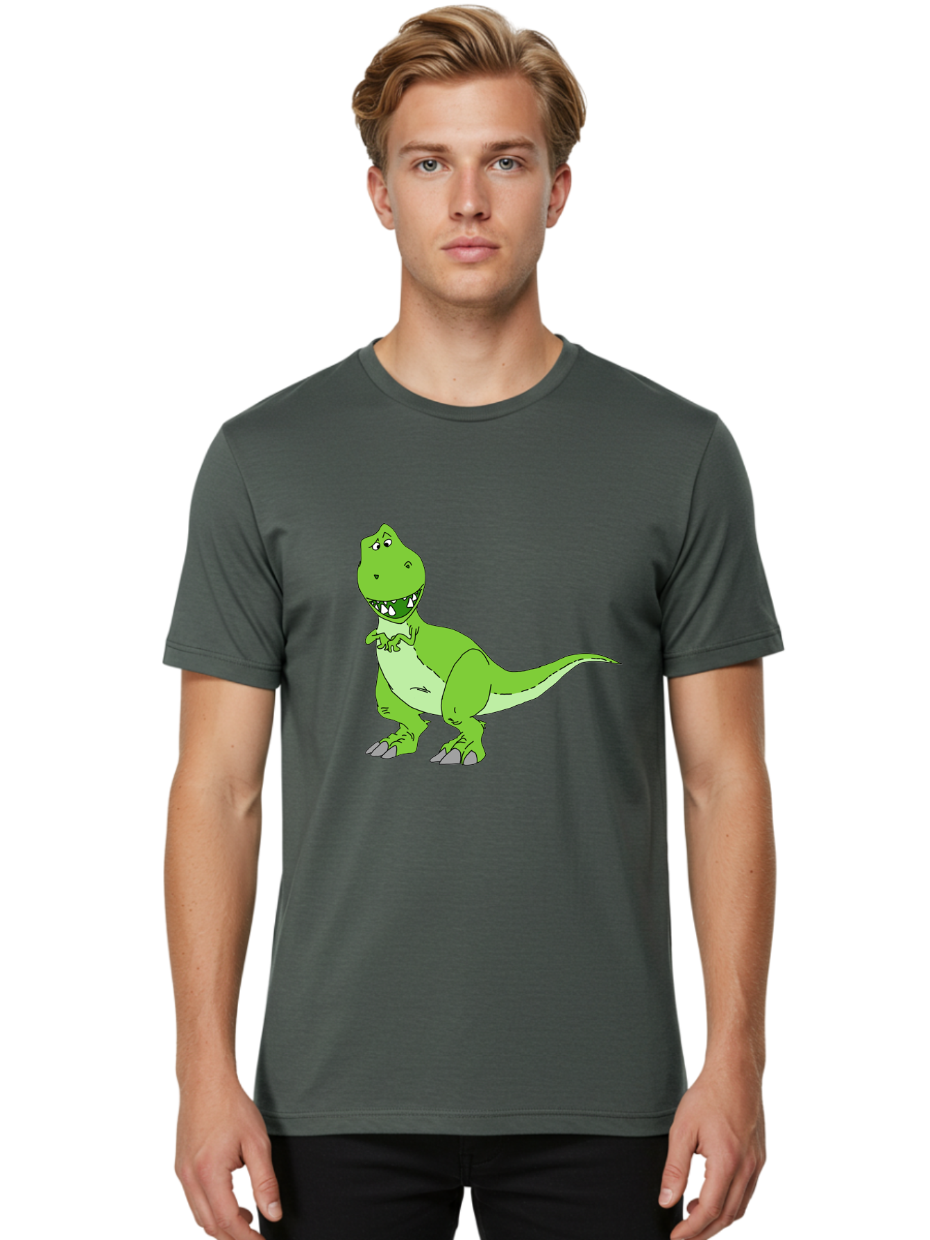 T-Rex Men'S Graphic Tee, 100% Cotton, Comfortable Casual Summer Wear, Machine Washable, Cartoon T-Rex, Green Dinosaur, Prehistoric Creature, Toothy Grin, Playful Expression, Dinosaur Illustration, Children'S Character, Fun And Friendly, -  Aaa128
