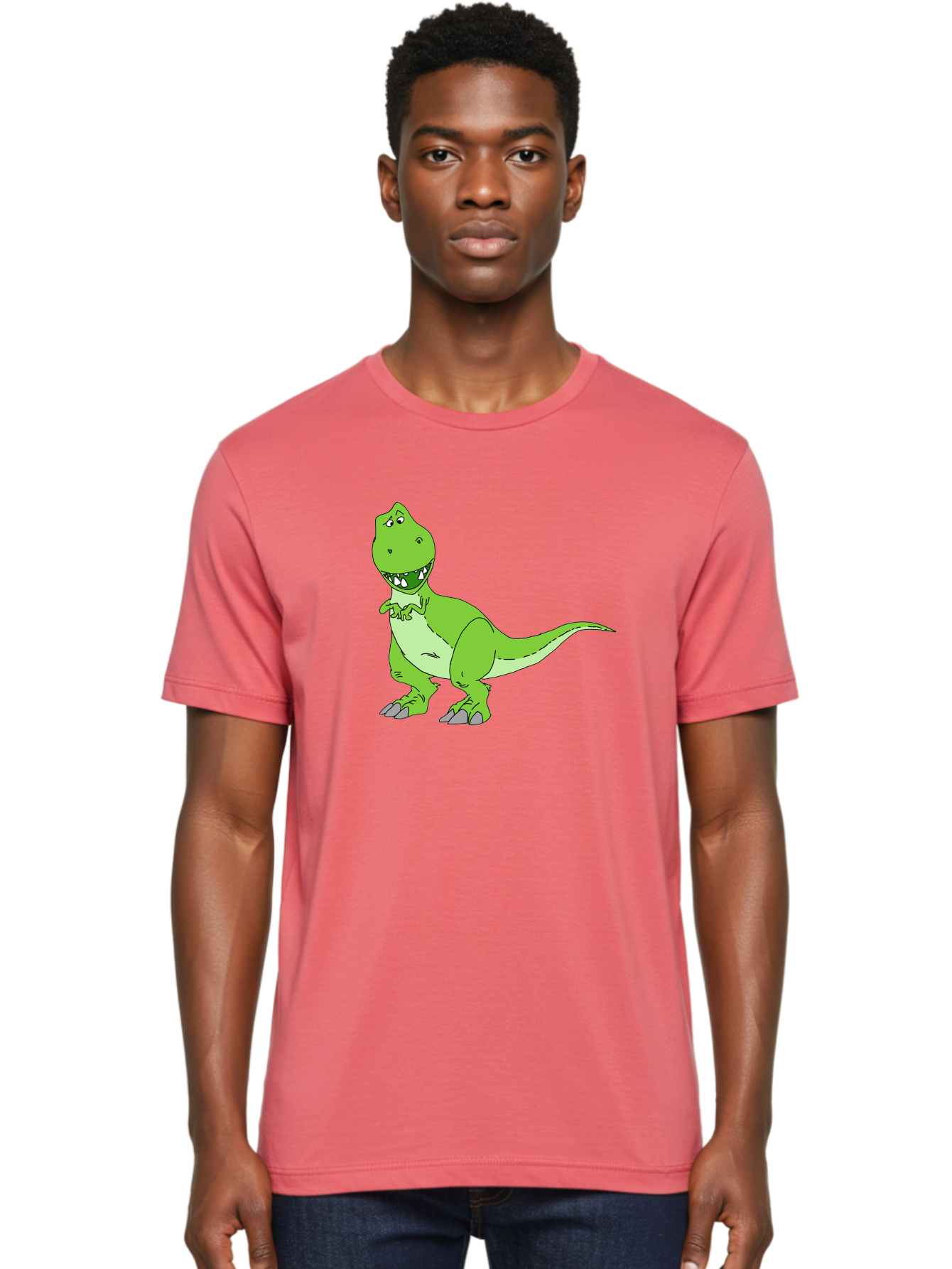 T-Rex Men'S Graphic Tee, 100% Cotton, Comfortable Casual Summer Wear, Machine Washable, Cartoon T-Rex, Green Dinosaur, Prehistoric Creature, Toothy Grin, Playful Expression, Dinosaur Illustration, Children'S Character, Fun And Friendly, -  Aaa128