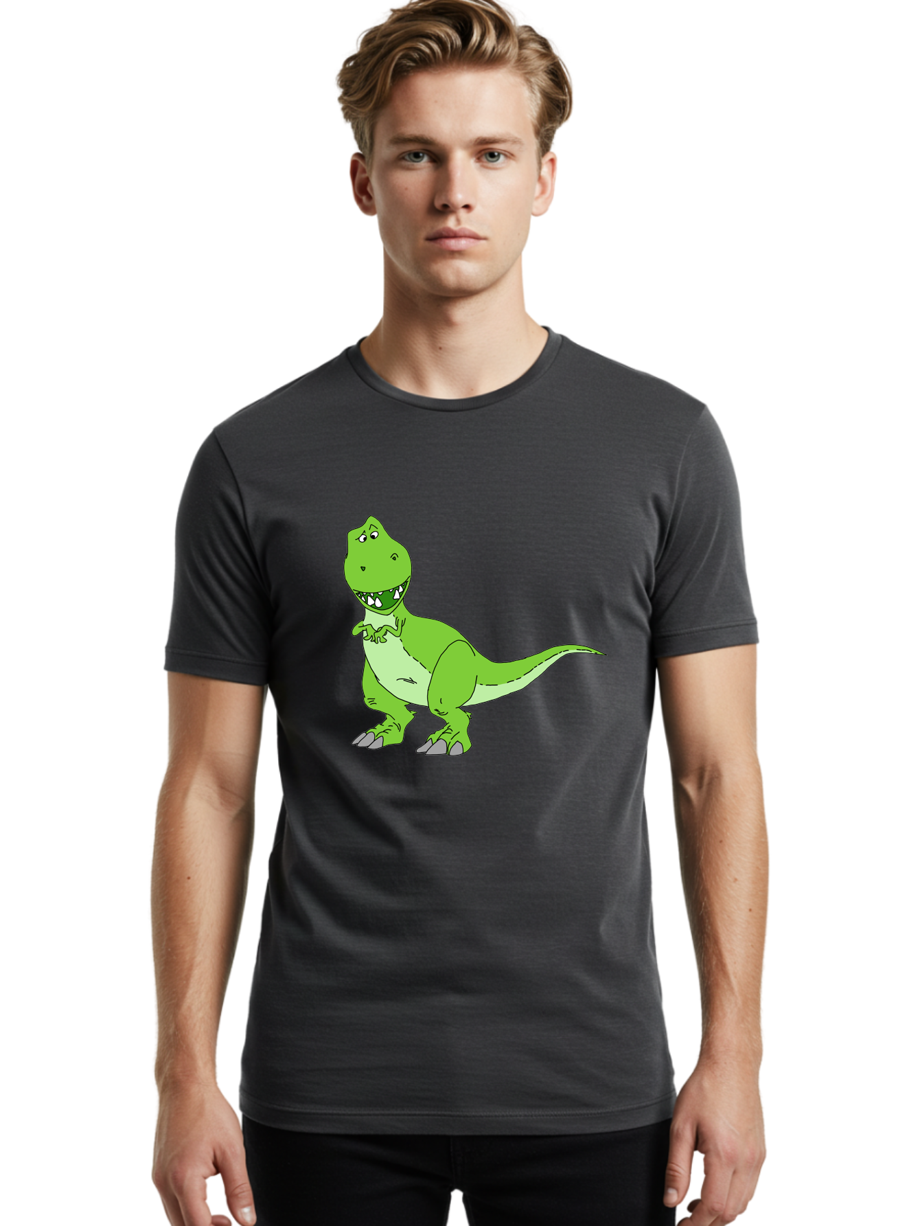 T-Rex Men'S Graphic Tee, 100% Cotton, Comfortable Casual Summer Wear, Machine Washable, Cartoon T-Rex, Green Dinosaur, Prehistoric Creature, Toothy Grin, Playful Expression, Dinosaur Illustration, Children'S Character, Fun And Friendly, -  Aaa128