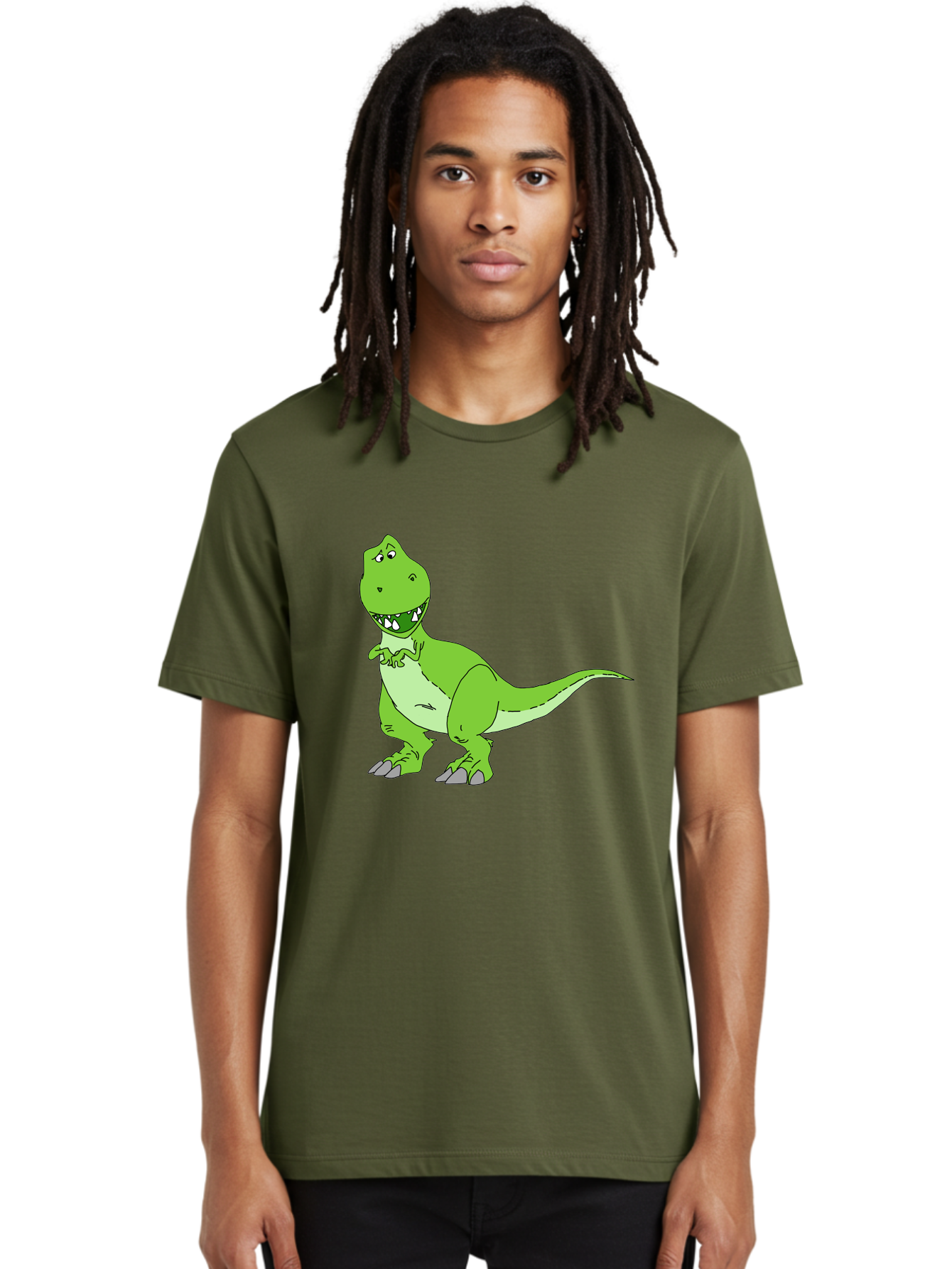 T-Rex Men'S Graphic Tee, 100% Cotton, Comfortable Casual Summer Wear, Machine Washable, Cartoon T-Rex, Green Dinosaur, Prehistoric Creature, Toothy Grin, Playful Expression, Dinosaur Illustration, Children'S Character, Fun And Friendly, -  Aaa128
