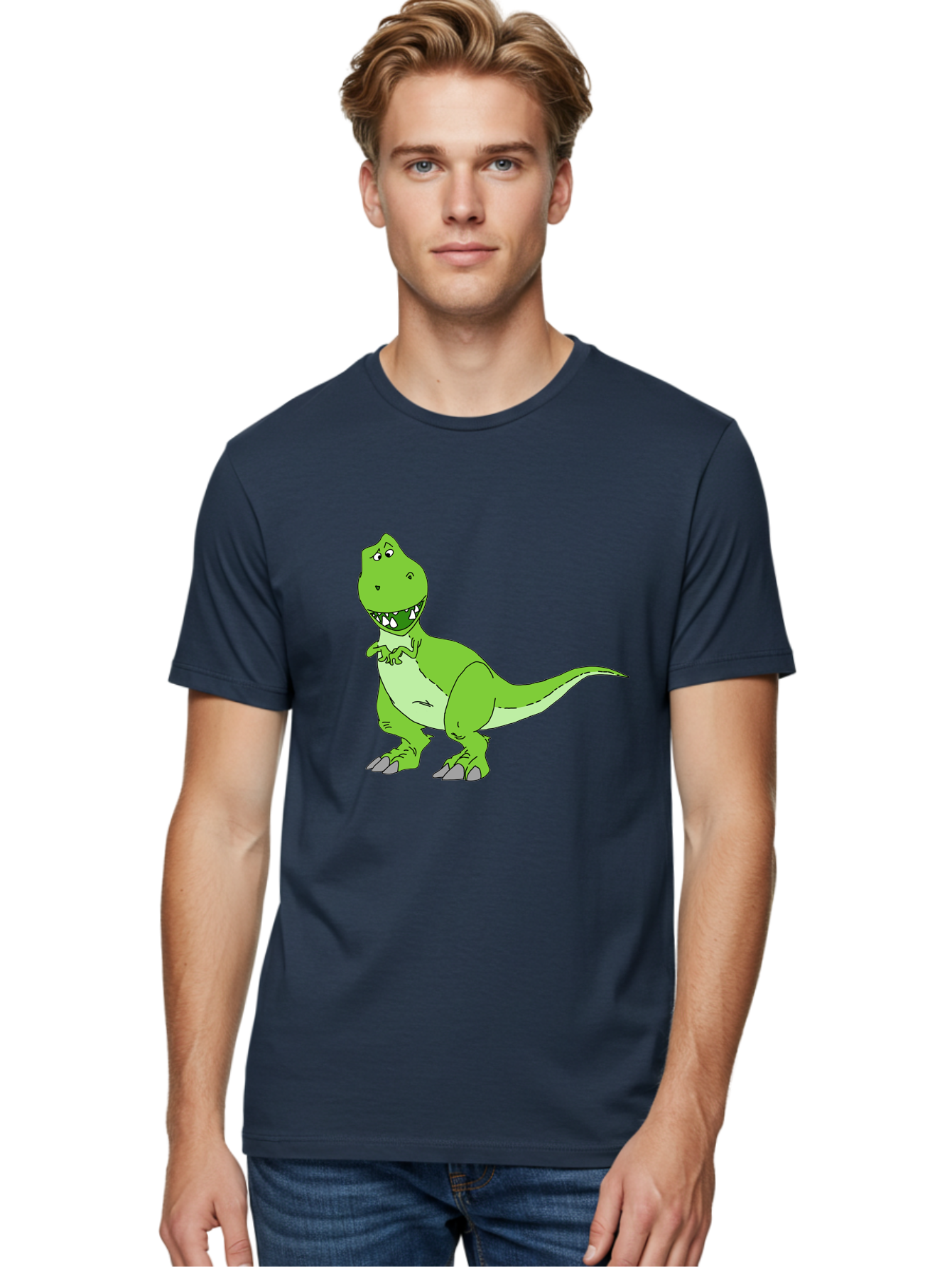 T-Rex Men'S Graphic Tee, 100% Cotton, Comfortable Casual Summer Wear, Machine Washable, Cartoon T-Rex, Green Dinosaur, Prehistoric Creature, Toothy Grin, Playful Expression, Dinosaur Illustration, Children'S Character, Fun And Friendly, -  Aaa128