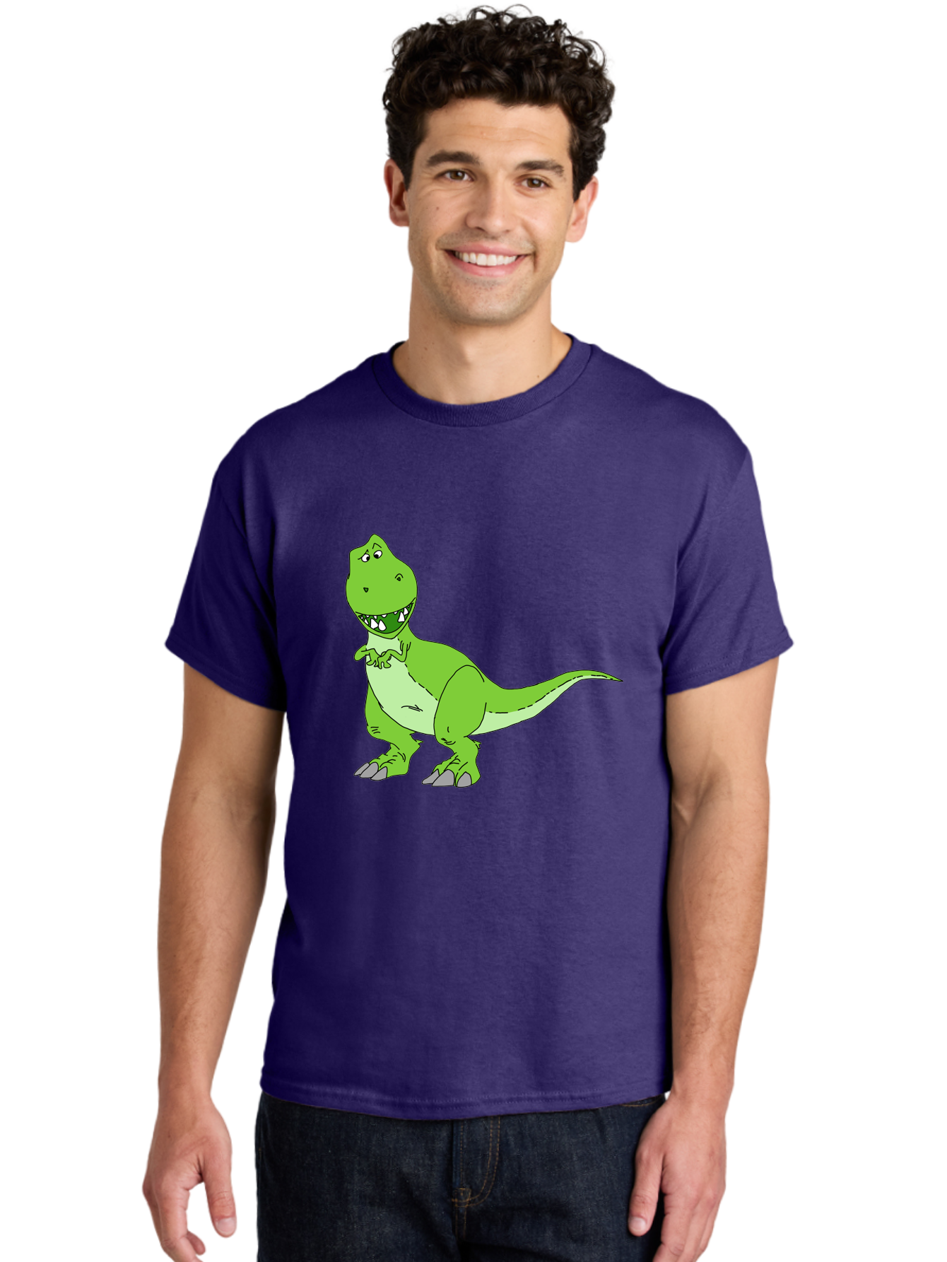 T-Rex Men'S Graphic Tee, 100% Cotton, Comfortable Casual Summer Wear, Machine Washable, Cartoon T-Rex, Green Dinosaur, Prehistoric Creature, Toothy Grin, Playful Expression, Dinosaur Illustration, Children'S Character, Fun And Friendly, -  Aaa128