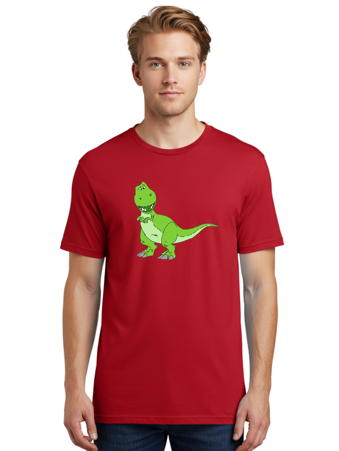 T-Rex Men'S Graphic Tee, 100% Cotton, Comfortable Casual Summer Wear, Machine Washable, Cartoon T-Rex, Green Dinosaur, Prehistoric Creature, Toothy Grin, Playful Expression, Dinosaur Illustration, Children'S Character, Fun And Friendly, -  Aaa128