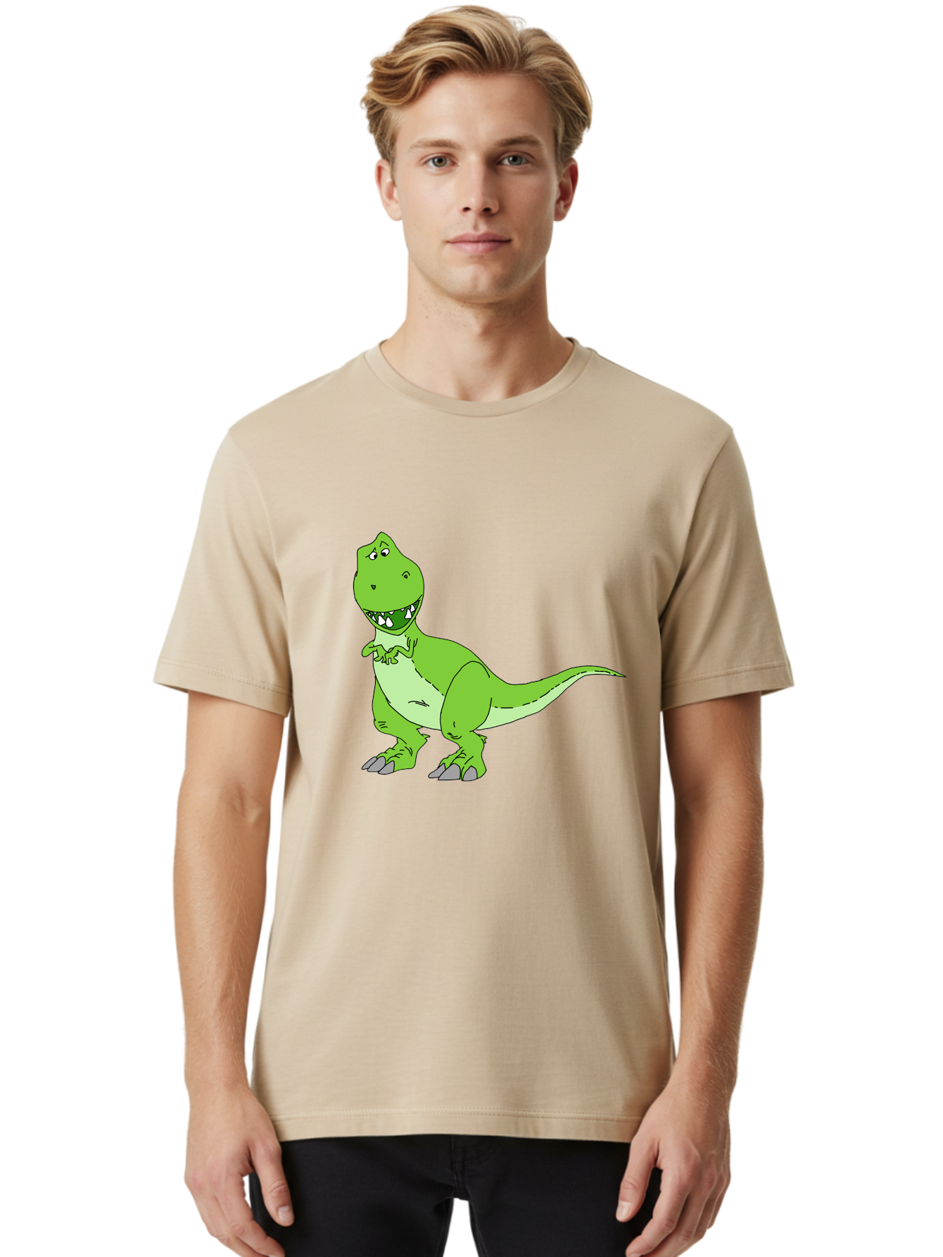 T-Rex Men'S Graphic Tee, 100% Cotton, Comfortable Casual Summer Wear, Machine Washable, Cartoon T-Rex, Green Dinosaur, Prehistoric Creature, Toothy Grin, Playful Expression, Dinosaur Illustration, Children'S Character, Fun And Friendly, -  Aaa128
