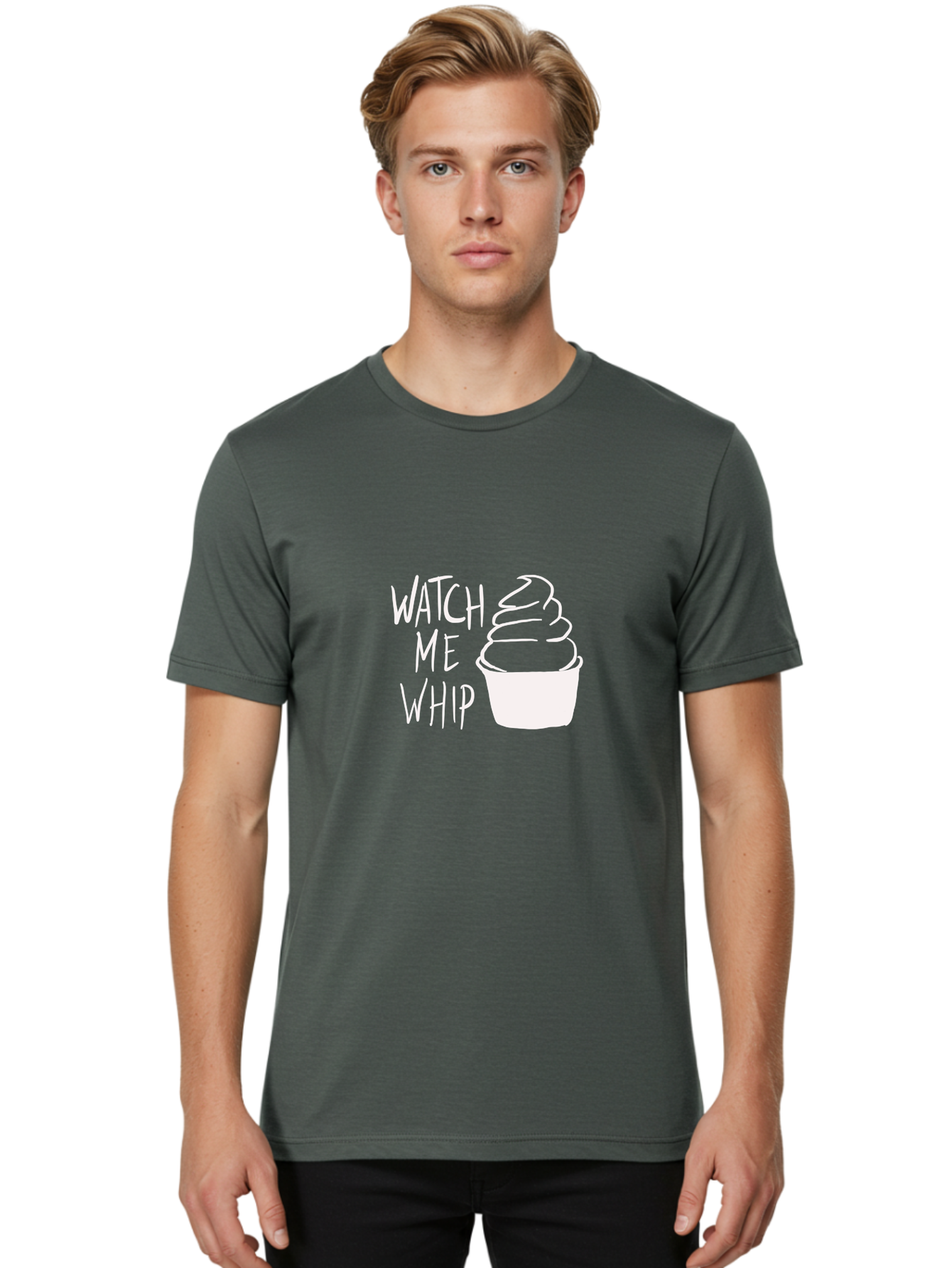 Watch-Me-Whip Men'S Graphic Tee, 100% Cotton, Comfortable Casual Summer Wear, Machine Washable, Whipped Cream, Soft Serve, Cup, Sweet Treat, Frozen Yogurt, Dessert, Fun Phrase, Playful Design, White Illustration, Watch Me Whip -  Aaa138