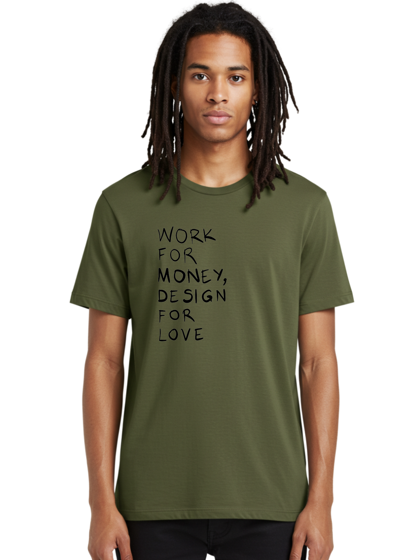 Work-For-Money-Design-For-Love Men'S Graphic Tee, 100% Cotton, Comfortable Casual Summer Wear, Machine Washable, Inspirational Quote, Motivational Message, Design Philosophy, Work Life Balance, Passion For Design, Creativity, Modern Art -  Aaa143