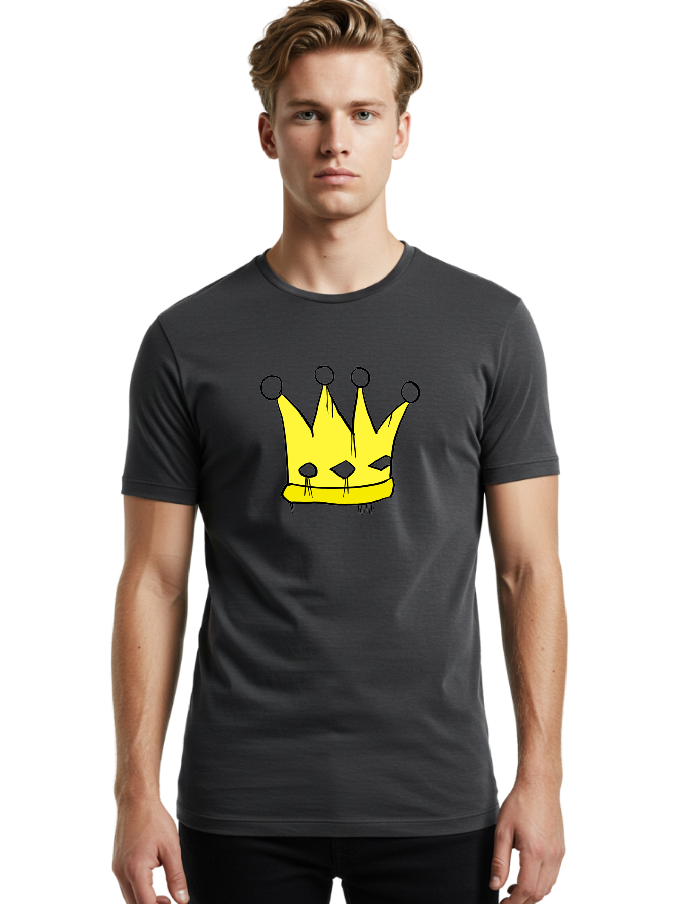 Yellow-Crown Men'S Graphic Tee, 100% Cotton, Comfortable Casual Summer Wear, Machine Washable, Yellow Crown, Royal Symbol, Regal Headwear, Cartoon Style, Simple Design, Bold Lines, Simple Graphics, Monarch Emblem -  Aaa146