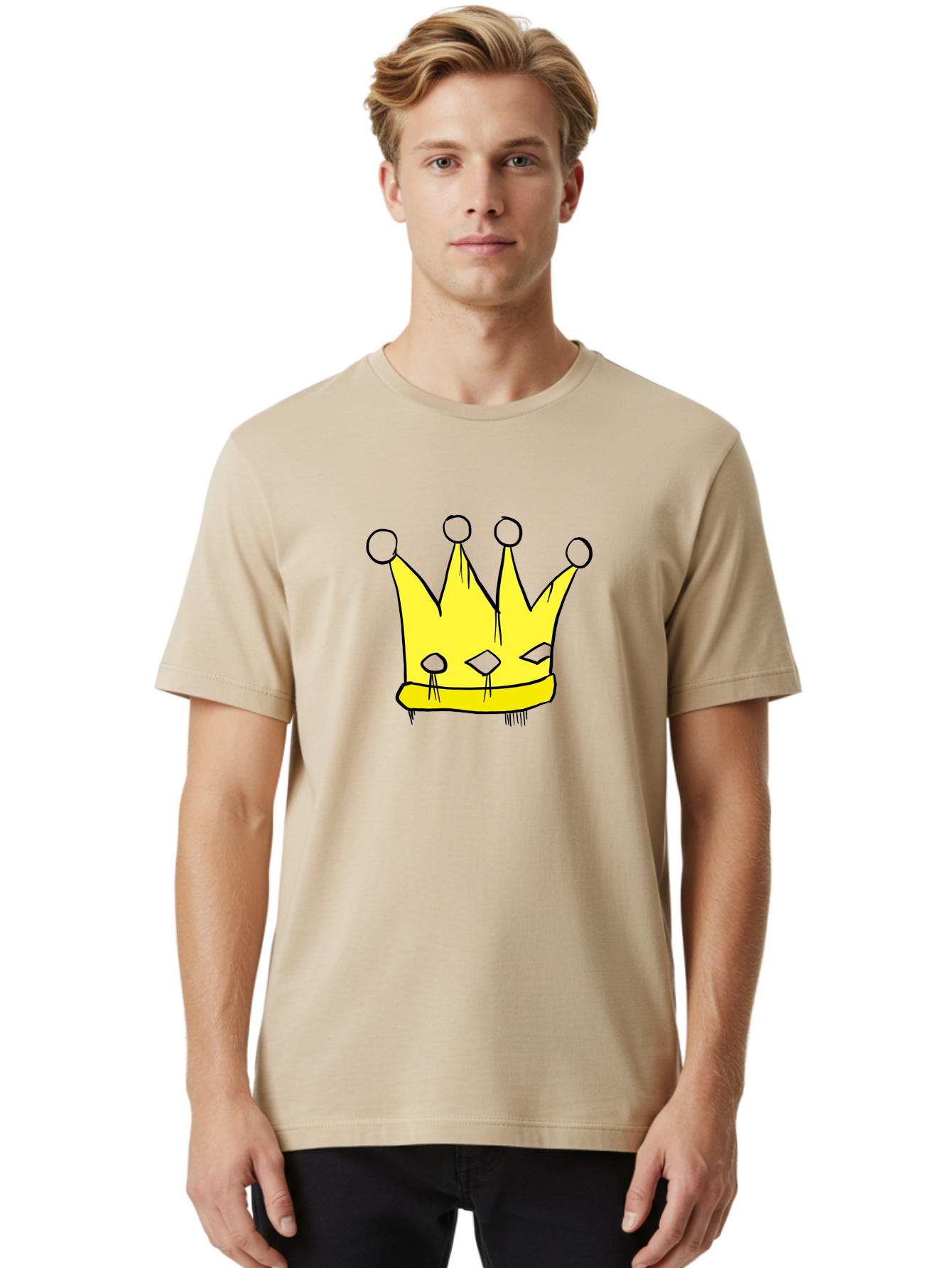 Yellow-Crown Men'S Graphic Tee, 100% Cotton, Comfortable Casual Summer Wear, Machine Washable, Yellow Crown, Royal Symbol, Regal Headwear, Cartoon Style, Simple Design, Bold Lines, Simple Graphics, Monarch Emblem -  Aaa146