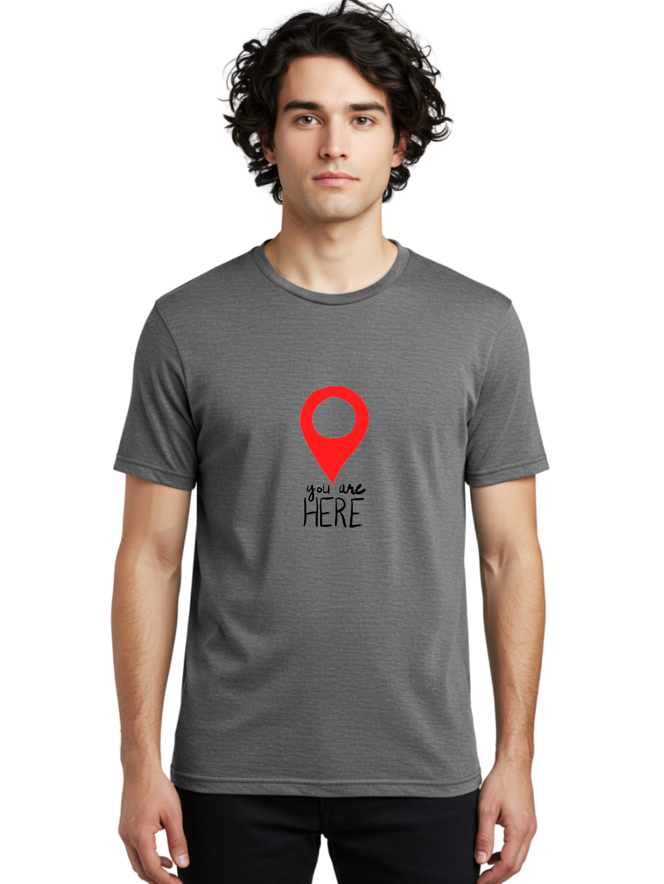 You-Are-Here Men'S Graphic Tee, 100% Cotton, Comfortable Casual Summer Wear, Machine Washable, Map Pin, Location Marker, Navigation Symbol, Gps Indicator, Direction Pointer, Red Icon, Black Text, You Are Here Sign -  Aaa147