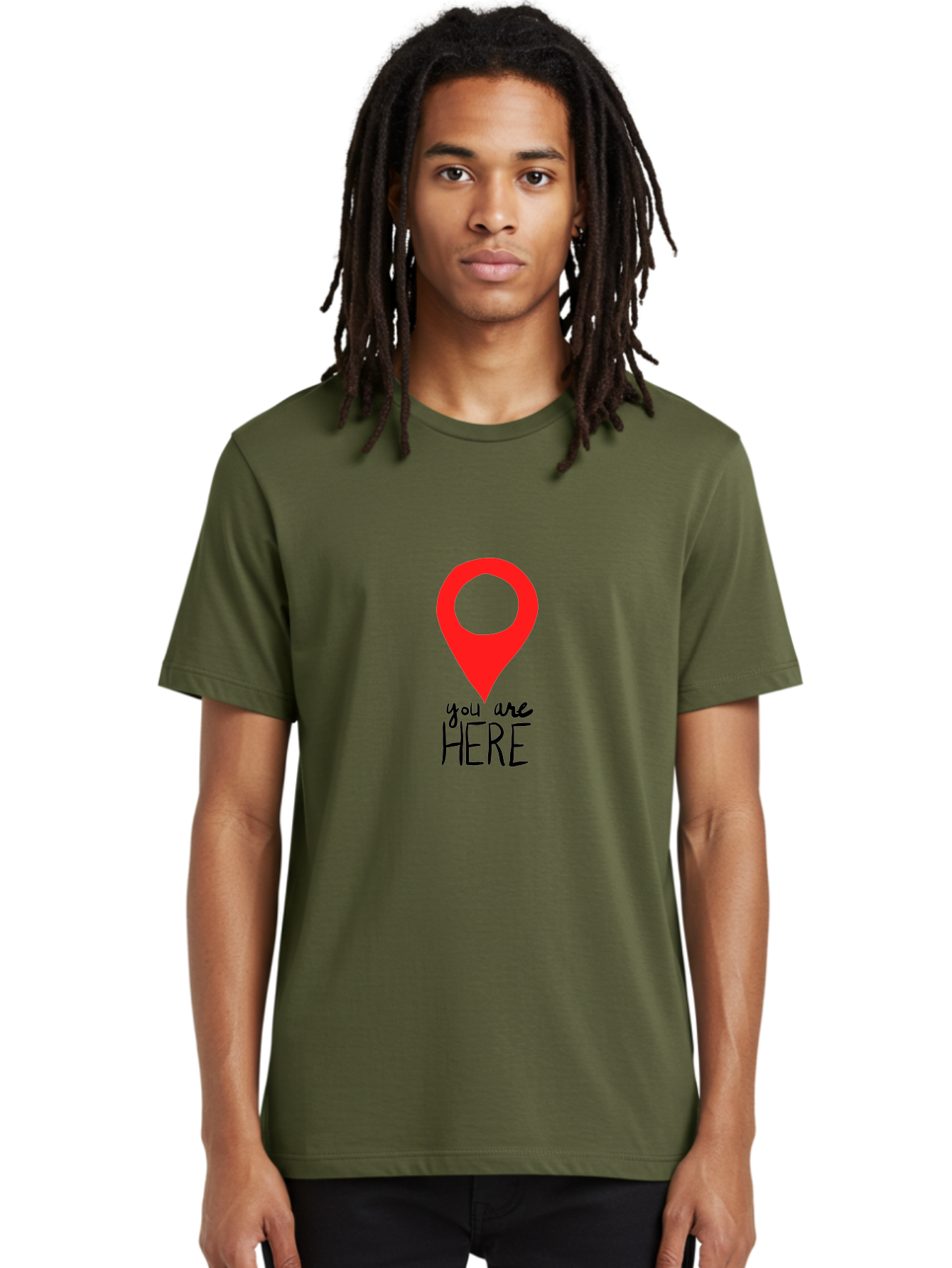 map pin, location marker, navigation symbol, GPS indicator, direction pointer, red icon, black text, you are HERE sign