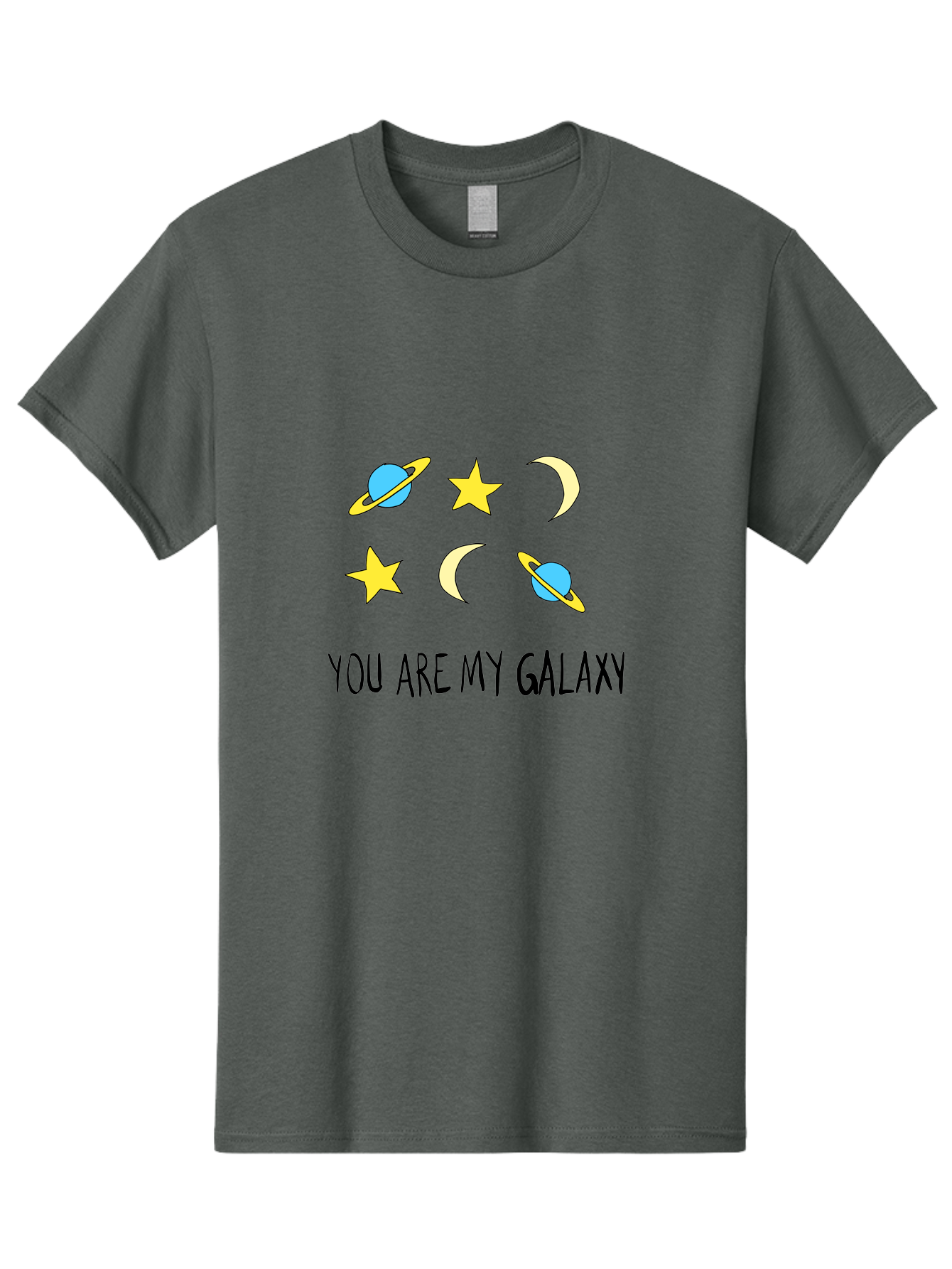 You-Are-My-Galaxy Men'S Graphic Tee, 100% Cotton, Comfortable Casual Summer Wear, Machine Washable, Galaxy Illustration, Celestial Bodies, Stars, Planets, Moons, Romantic Quote, Love Message, Cartoon Graphics, Whimsical Design, Space Theme, -  Aaa148
