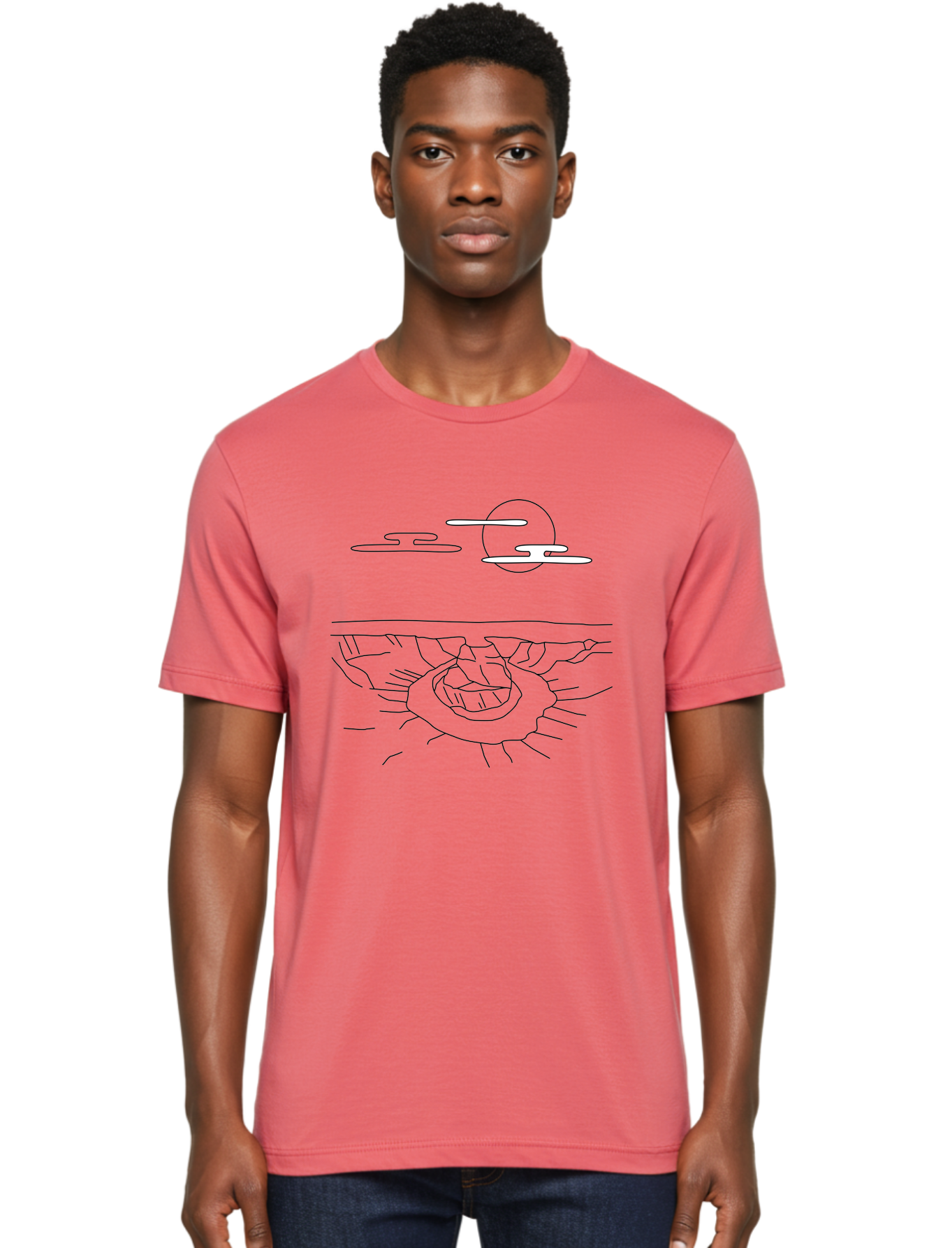 Abstract-Hand Men'S Graphic Tee, 100% Cotton, Comfortable Casual Summer Wear, Machine Washable, Sun, Clouds, Spiral Shape, Abstract Art, Futuristic Design, Simple Shapes, Minimalist Style, Surreal Landscape -  Aaa154