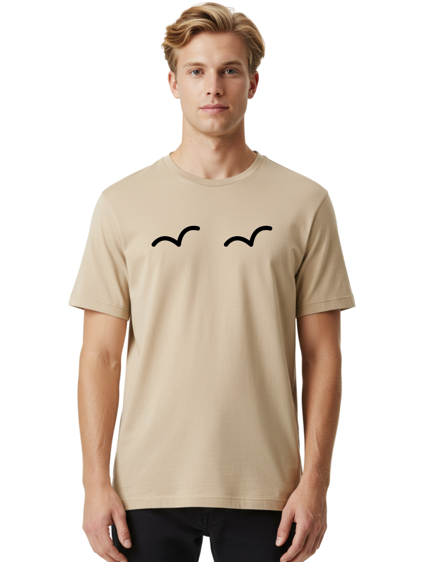 Bird-Silhouettes Men'S Graphic Tee, 100% Cotton, Comfortable Casual Summer Wear, Machine Washable, Simple Design Elements, Abstract Art, Minimalist Graphics, Black And Green Color Scheme, Wavy Lines, Modern Digital Art, -  Aaa158