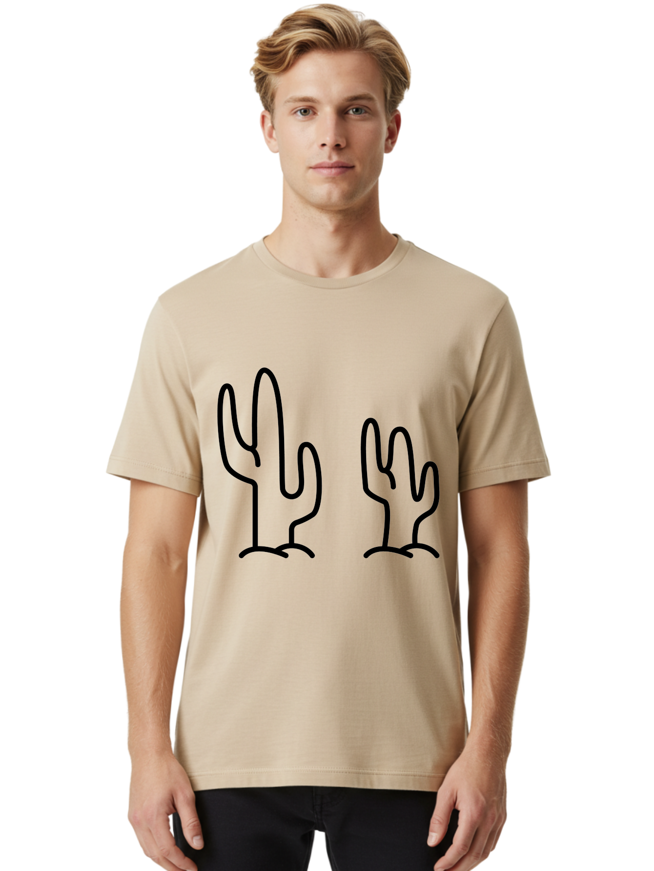 Cacti Men'S Graphic Tee, 100% Cotton, Comfortable Casual Summer Wear, Machine Washable, Cacti, Cactus Graphics, Simple Illustrations, Minimalist Design, Hand Drawn Art, Desert Plants, Outline Drawings, Black Lines -  Aaa160