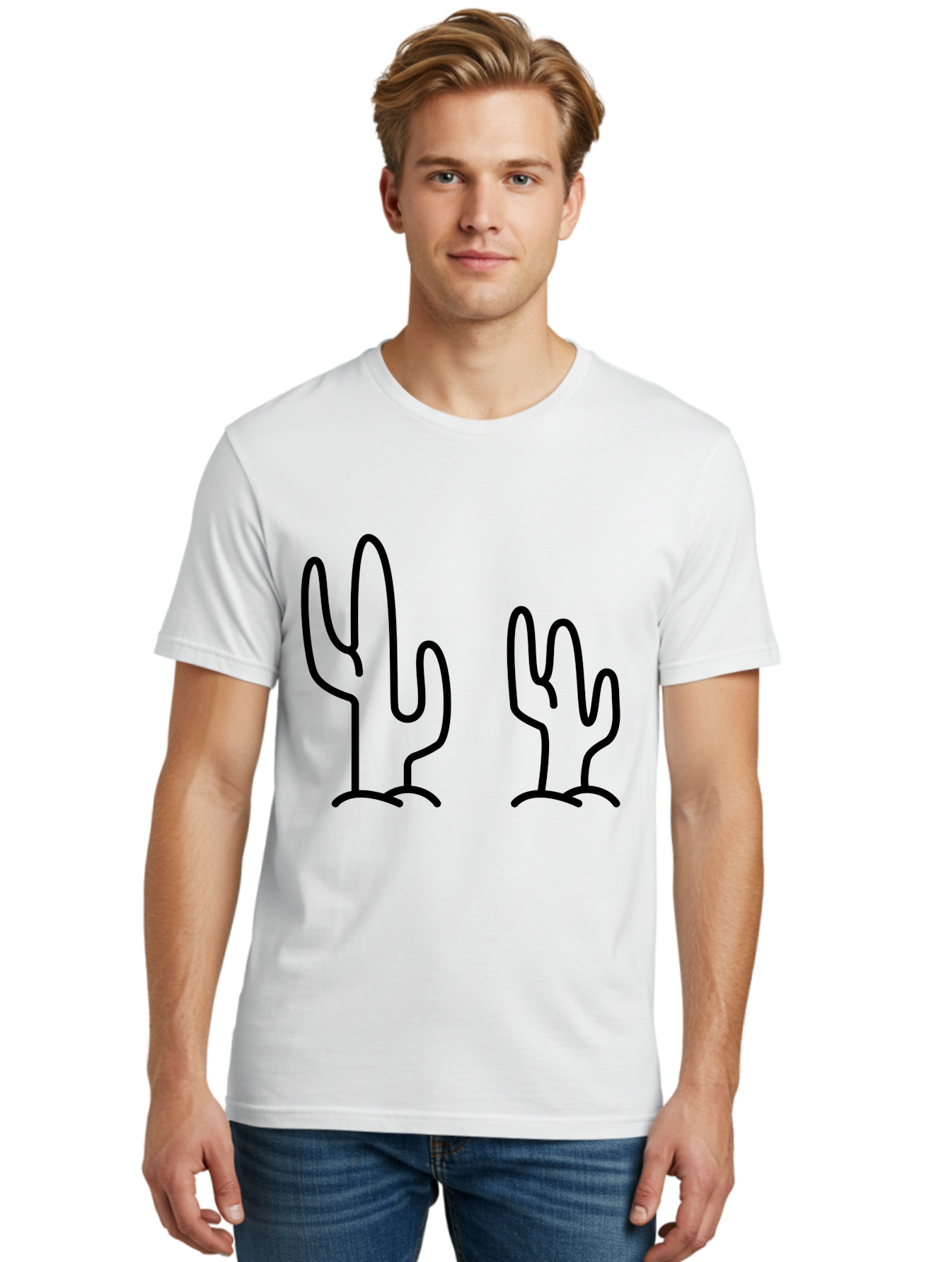 Cacti Men'S Graphic Tee, 100% Cotton, Comfortable Casual Summer Wear, Machine Washable, Cacti, Cactus Graphics, Simple Illustrations, Minimalist Design, Hand Drawn Art, Desert Plants, Outline Drawings, Black Lines -  Aaa160