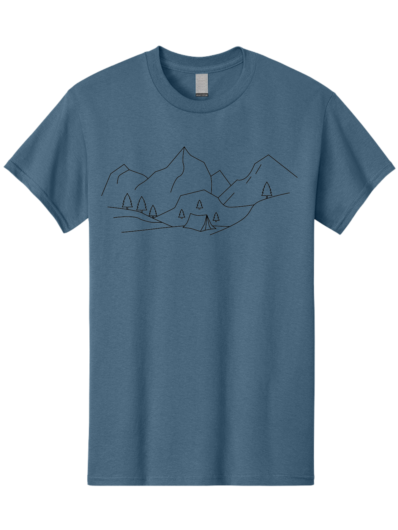 Camping-In-Mountains Men'S Graphic Tee, 100% Cotton, Comfortable Casual Summer Wear, Machine Washable, Mountain Range, Camping Site, Wilderness Adventure, Outdoor Recreation, Scenic Landscape, Minimalist Design, Simple Illustration, -  Aaa167
