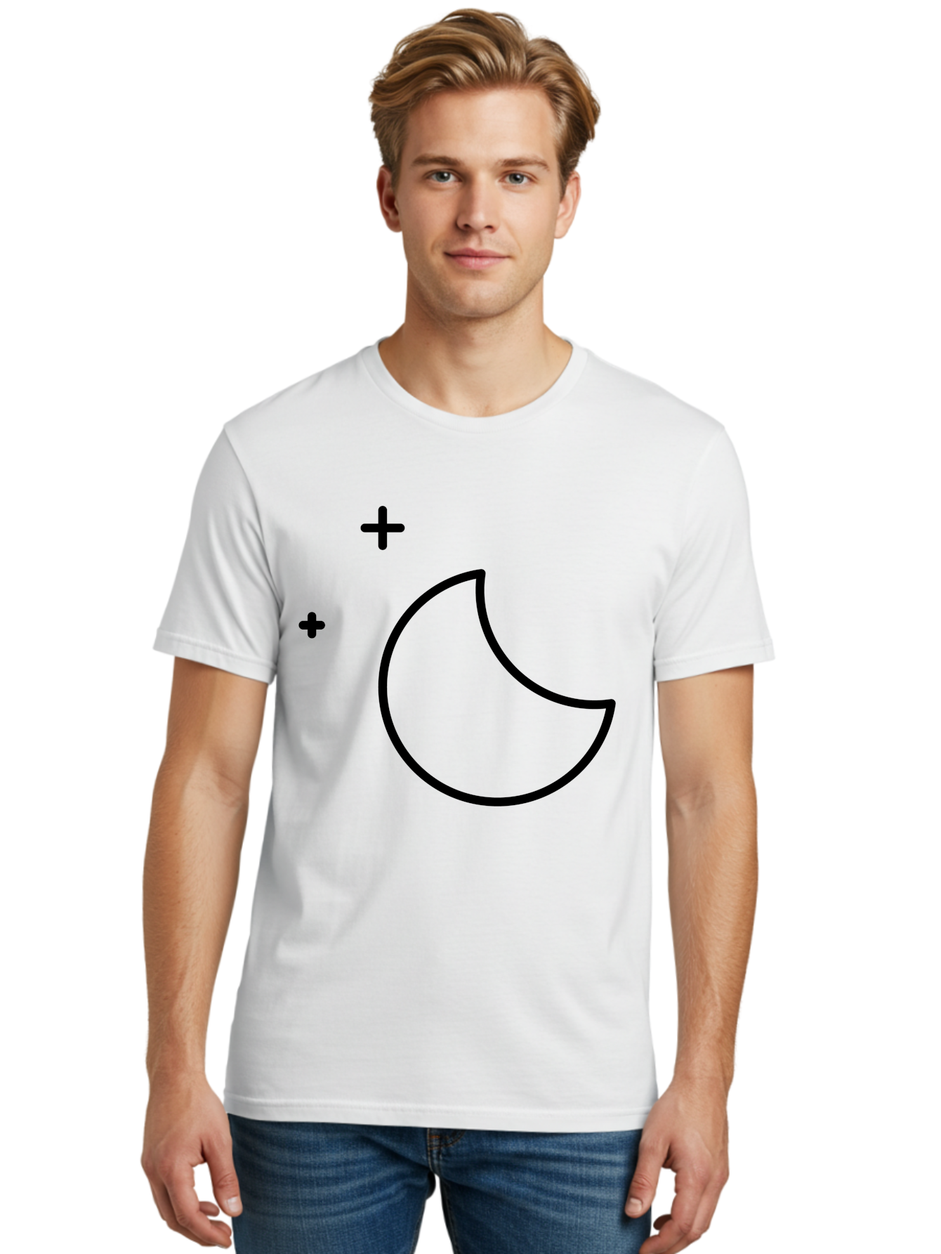 Crescent-Moon-And-Plus-Signs Men'S Graphic Tee, 100% Cotton, Comfortable Casual Summer Wear, Machine Washable, Crescent Moon Shape, Plus Signs, Minimalist Design, Simple Graphics, Lunar Symbol, Celestial Body, Moon Phase, Astrology, -  Aaa180