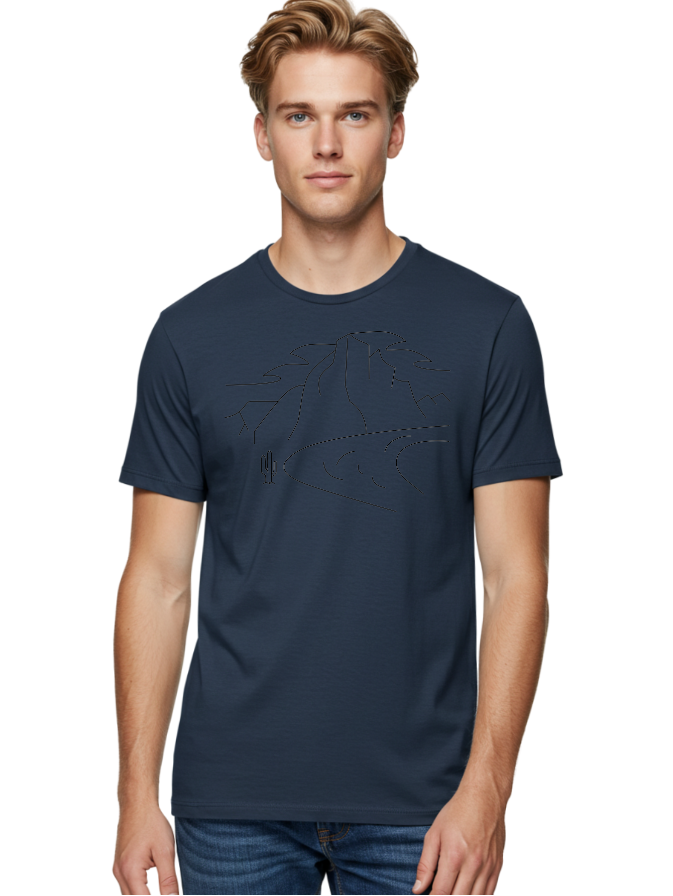 Desert-Landscape-1 Men'S Graphic Tee, 100% Cotton, Comfortable Casual Summer Wear, Machine Washable, Desert Landscape, Mountain Range, Cactus, Minimalist Art, Simple Lines, Abstract Scenery, Wilderness, Rocky Terrain -  Aaa183