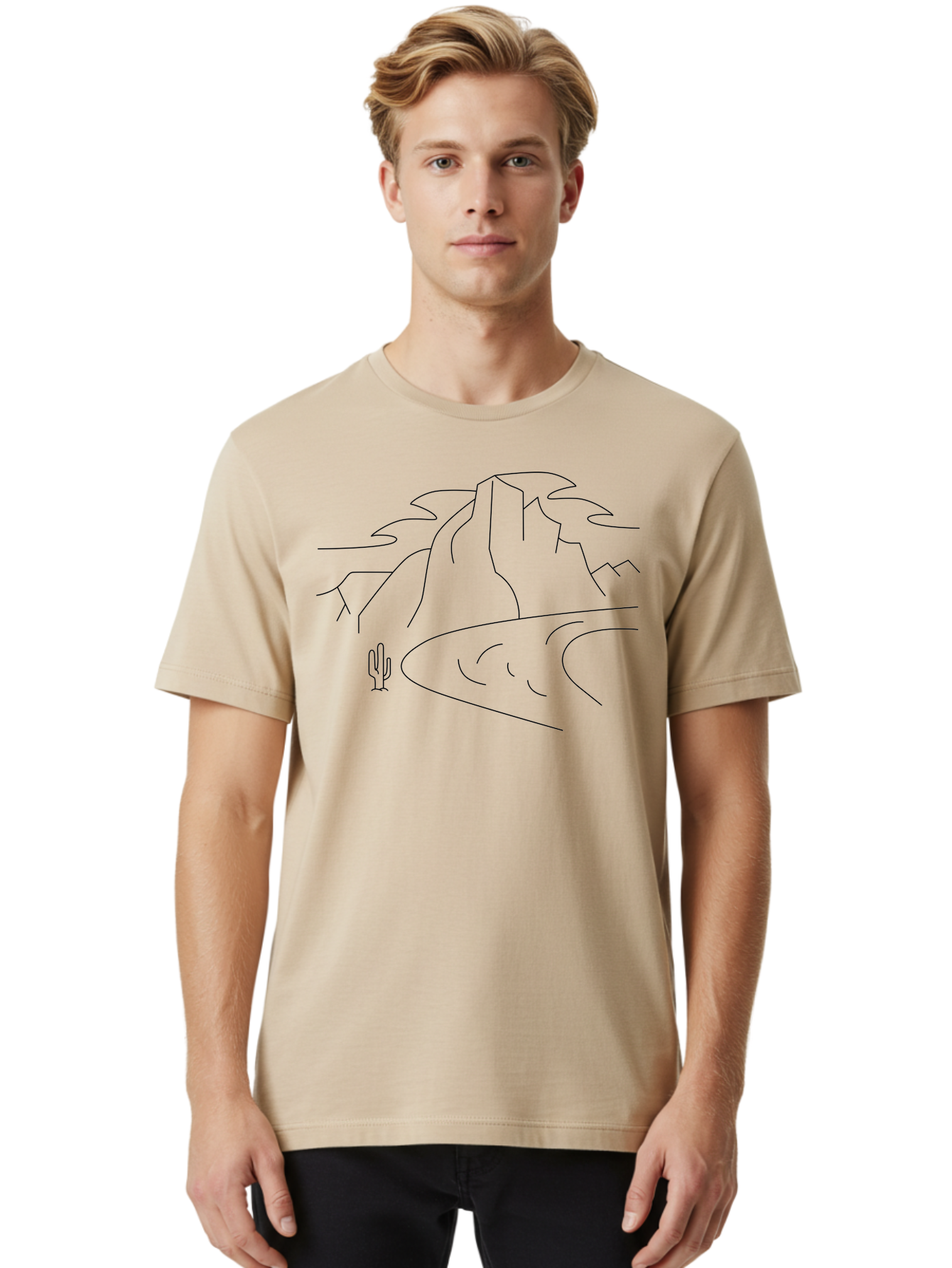 Desert-Landscape-1 Men'S Graphic Tee, 100% Cotton, Comfortable Casual Summer Wear, Machine Washable, Desert Landscape, Mountain Range, Cactus, Minimalist Art, Simple Lines, Abstract Scenery, Wilderness, Rocky Terrain -  Aaa183