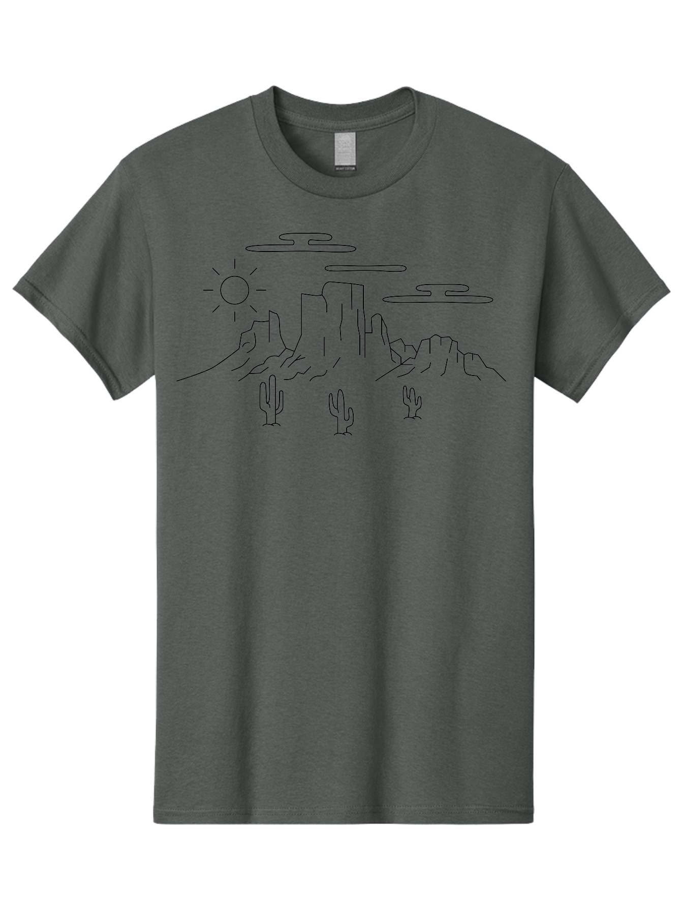 Desert-Landscape Men'S Graphic Tee, 100% Cotton, Comfortable Casual Summer Wear, Machine Washable, Desert Scene, Rocky Mountains, Cacti, Sun, Clouds, Minimalist Design, Simple Shapes, Black Outline, Serene Atmosphere, Southwest Landscape -  Aaa184