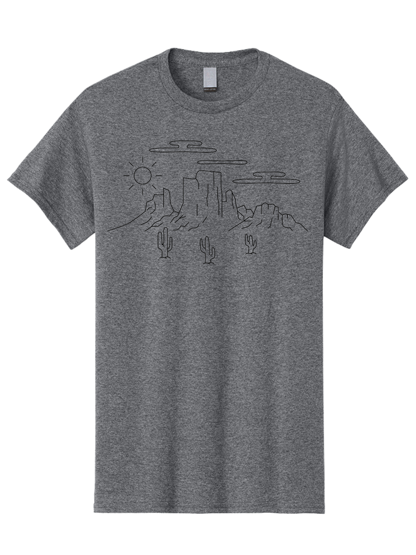 Desert-Landscape Men'S Graphic Tee, 100% Cotton, Comfortable Casual Summer Wear, Machine Washable, Desert Scene, Rocky Mountains, Cacti, Sun, Clouds, Minimalist Design, Simple Shapes, Black Outline, Serene Atmosphere, Southwest Landscape -  Aaa184