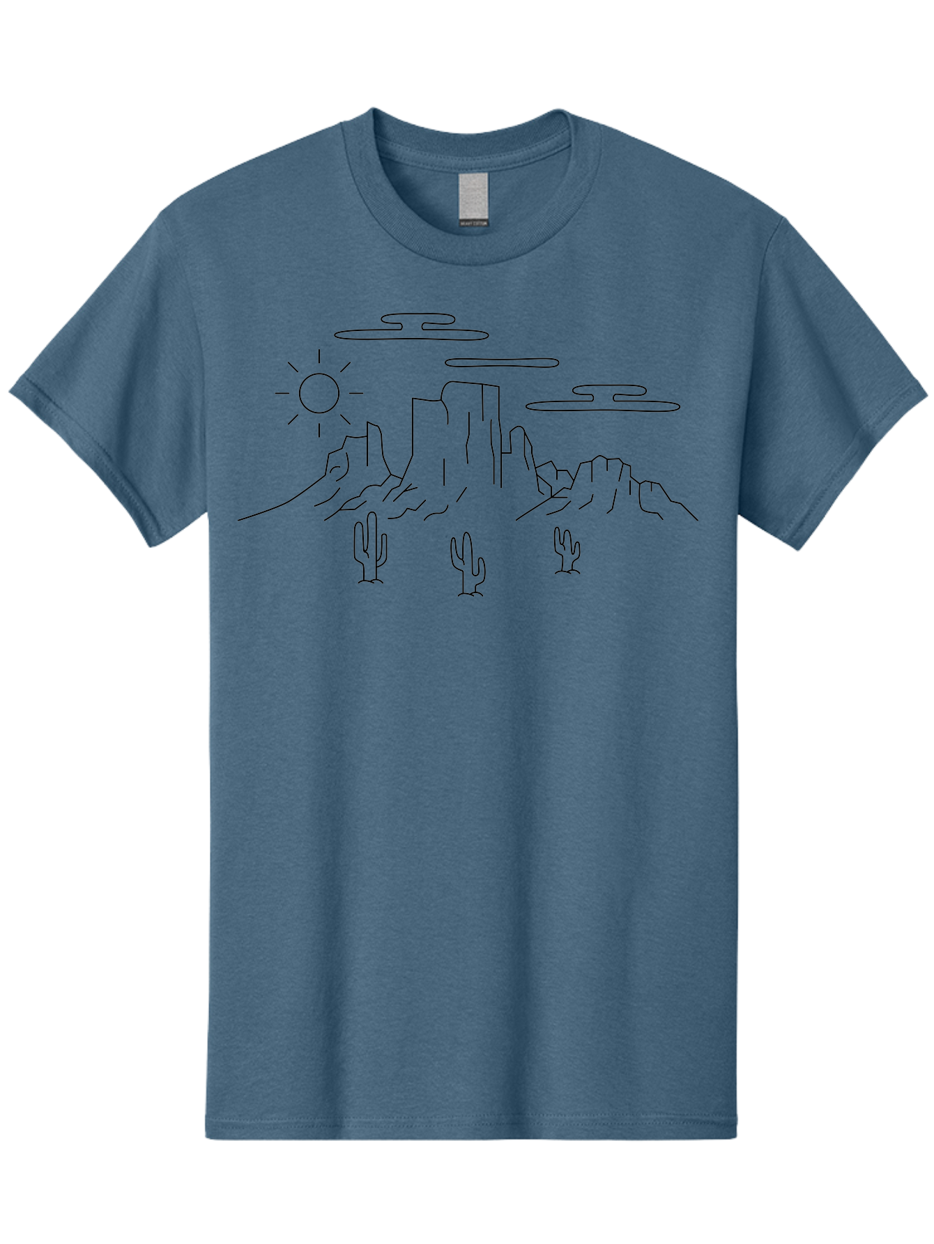 Desert-Landscape Men'S Graphic Tee, 100% Cotton, Comfortable Casual Summer Wear, Machine Washable, Desert Scene, Rocky Mountains, Cacti, Sun, Clouds, Minimalist Design, Simple Shapes, Black Outline, Serene Atmosphere, Southwest Landscape -  Aaa184