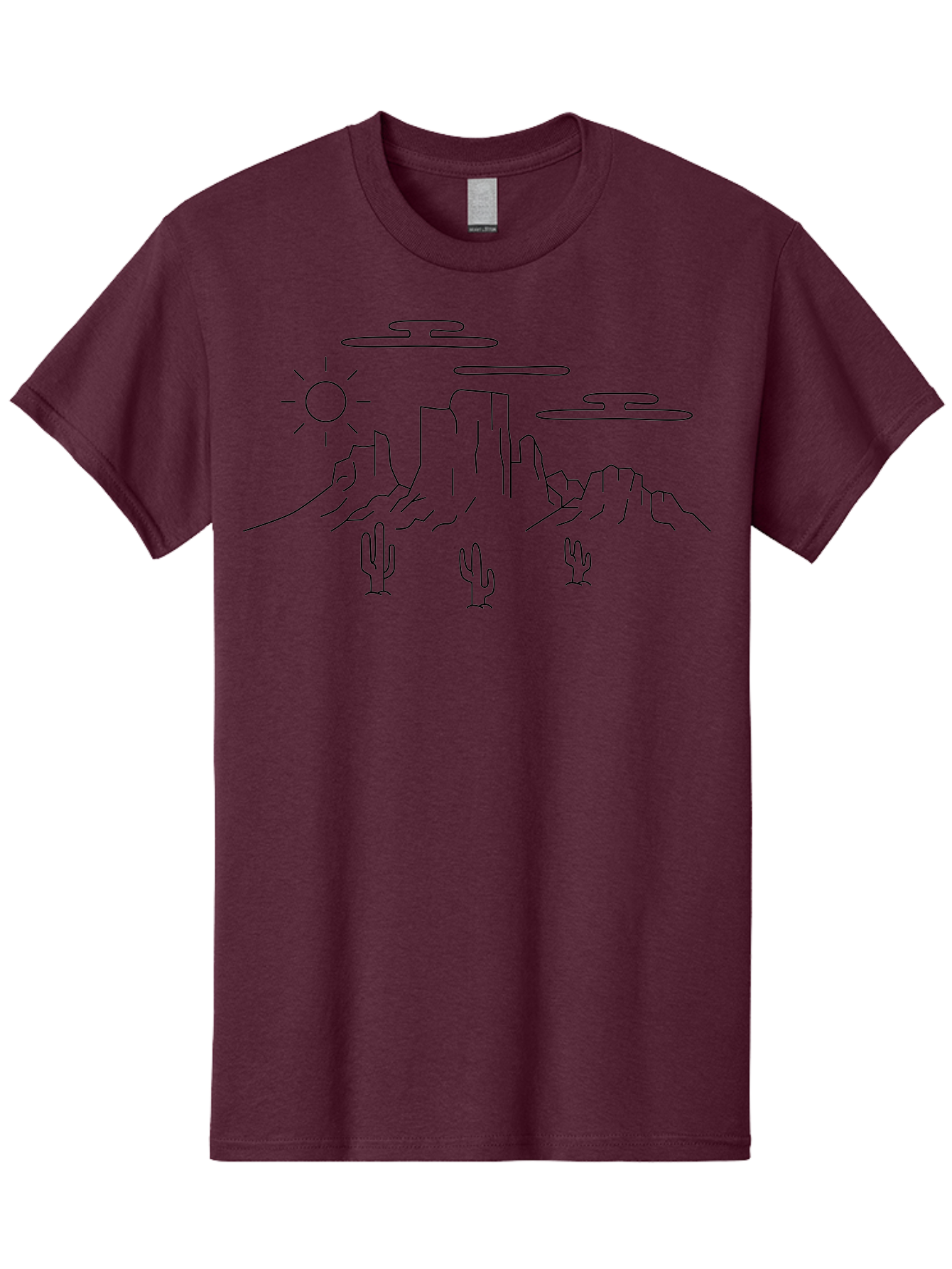 Desert-Landscape Men'S Graphic Tee, 100% Cotton, Comfortable Casual Summer Wear, Machine Washable, Desert Scene, Rocky Mountains, Cacti, Sun, Clouds, Minimalist Design, Simple Shapes, Black Outline, Serene Atmosphere, Southwest Landscape -  Aaa184