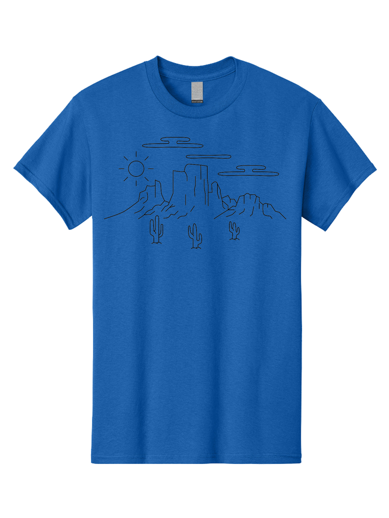 Desert-Landscape Men'S Graphic Tee, 100% Cotton, Comfortable Casual Summer Wear, Machine Washable, Desert Scene, Rocky Mountains, Cacti, Sun, Clouds, Minimalist Design, Simple Shapes, Black Outline, Serene Atmosphere, Southwest Landscape -  Aaa184
