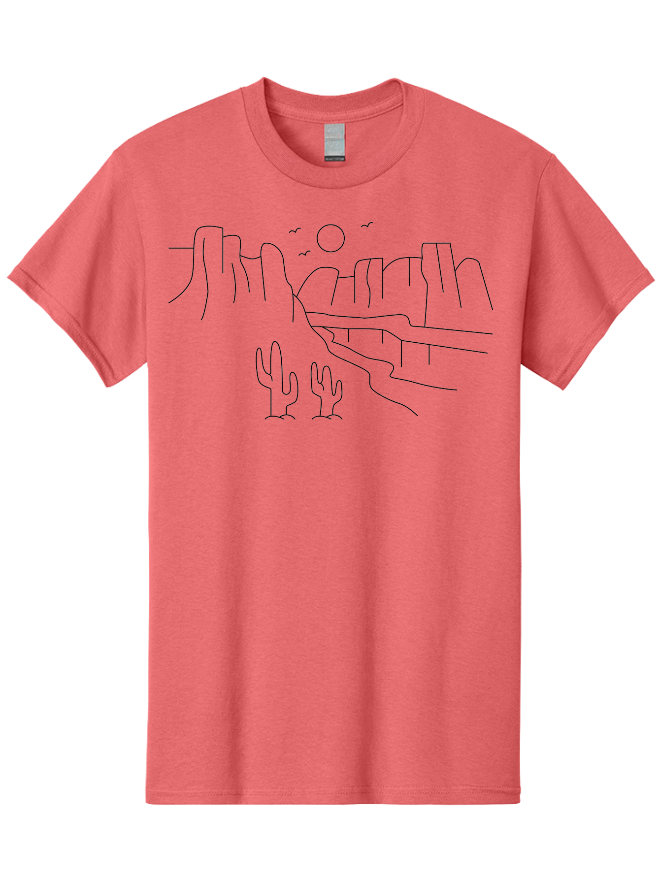 Desert-Scene Men'S Graphic Tee, 100% Cotton, Comfortable Casual Summer Wear, Machine Washable, Desert Landscape, Cacti, Rocky Cliffs, Birds Flying, Sun Shining, Simple Line Art, Minimalist Design, Outdoor Scenery, Natural Beauty -  Aaa185