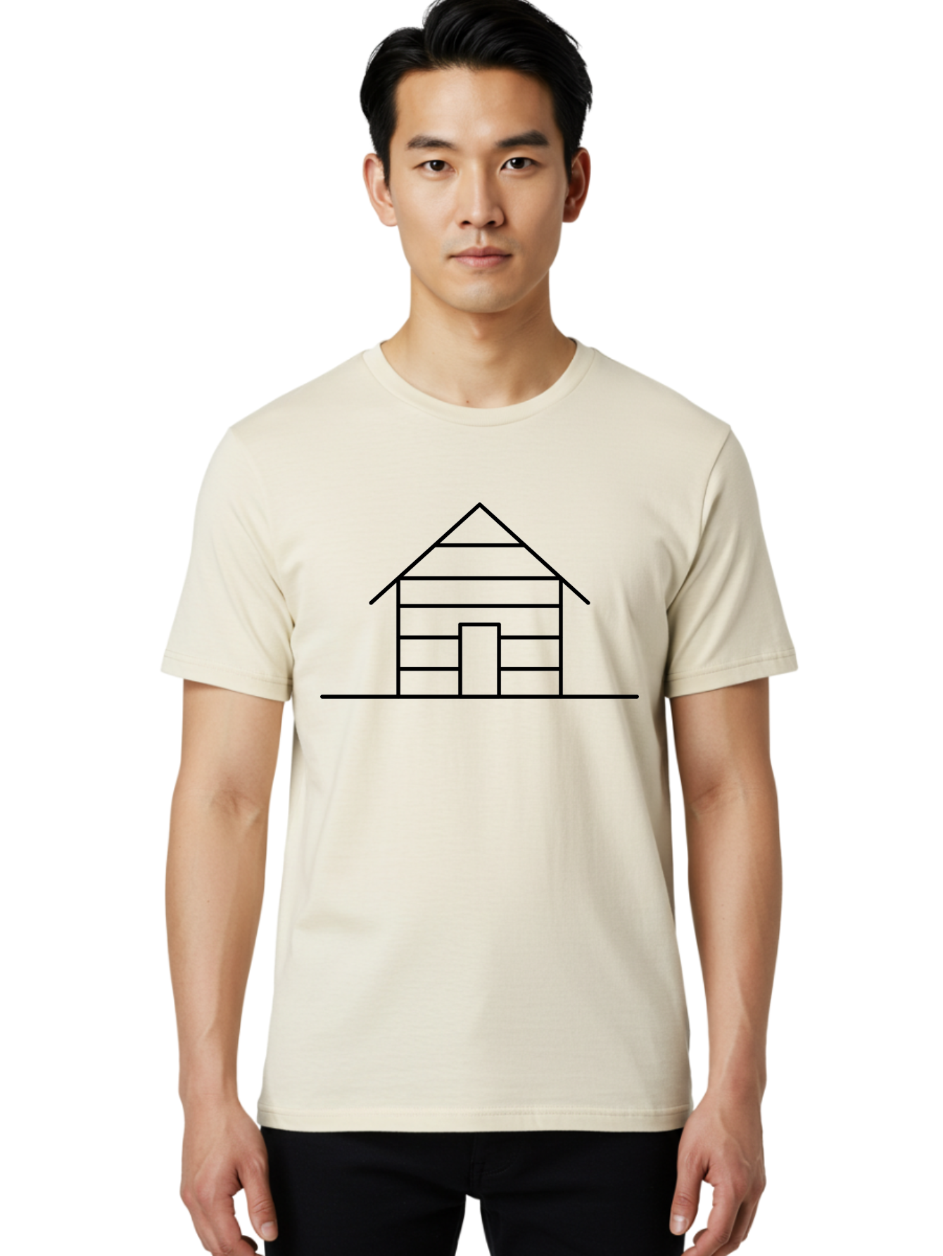 Log-Cabin Men'S Graphic Tee, 100% Cotton, Comfortable Casual Summer Wear, Machine Washable, Log Cabin, Simple House, Wooden House, Cabin Illustration, Minimalist Design, Simple Architecture, Rural Home, Cozy Retreat, Black Lines -  Aaa192