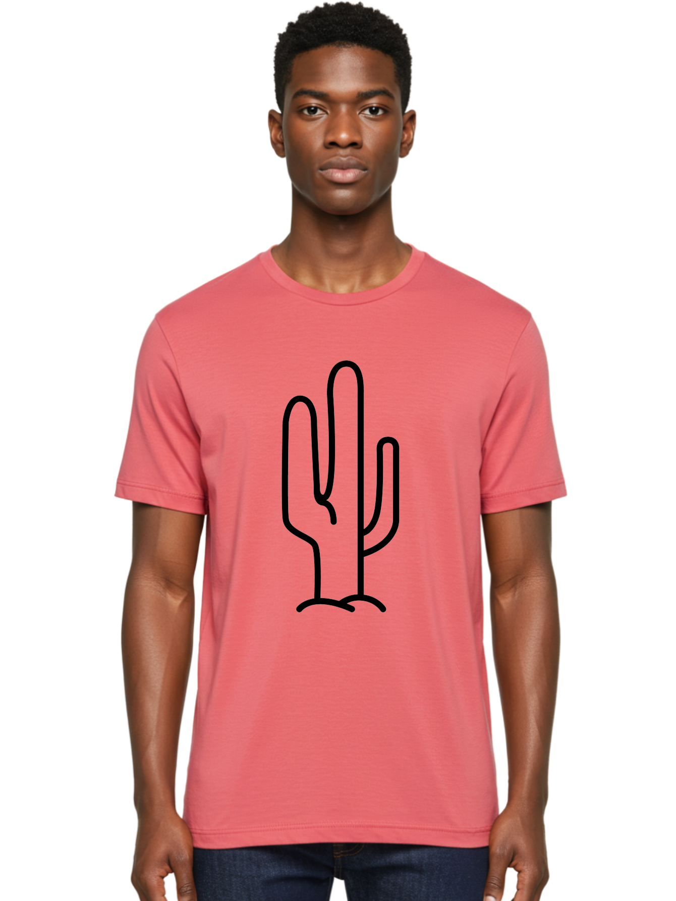 Middle-Finger-Cactus Men'S Graphic Tee, 100% Cotton, Comfortable Casual Summer Wear, Machine Washable, Simple Cactus Drawing, Minimalist Design, Black Outline, Desert Flora, Succulent Plant, Prickly Pear, Cartoon Style, Modern Art -  Aaa194