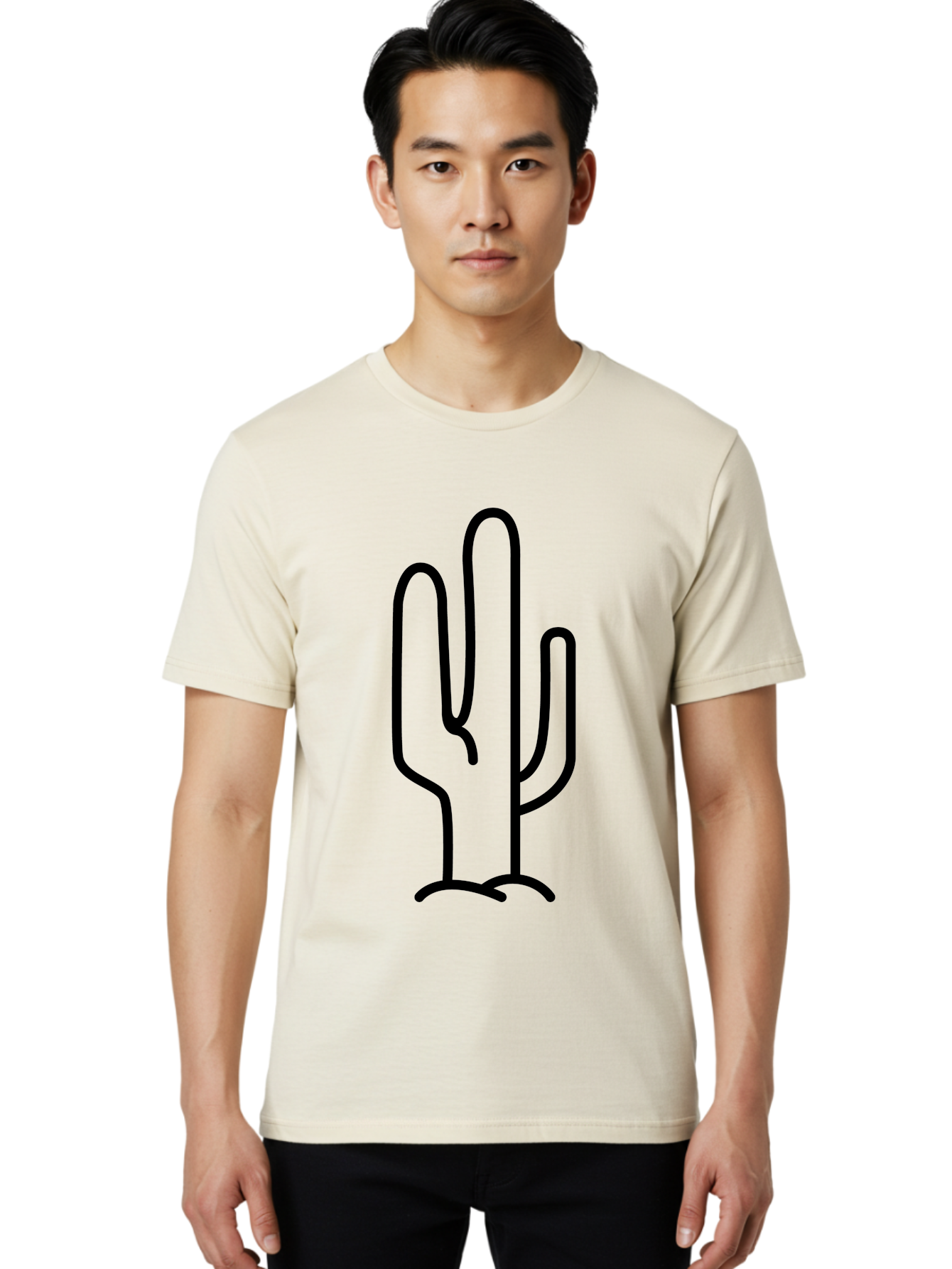 Middle-Finger-Cactus Men'S Graphic Tee, 100% Cotton, Comfortable Casual Summer Wear, Machine Washable, Simple Cactus Drawing, Minimalist Design, Black Outline, Desert Flora, Succulent Plant, Prickly Pear, Cartoon Style, Modern Art -  Aaa194