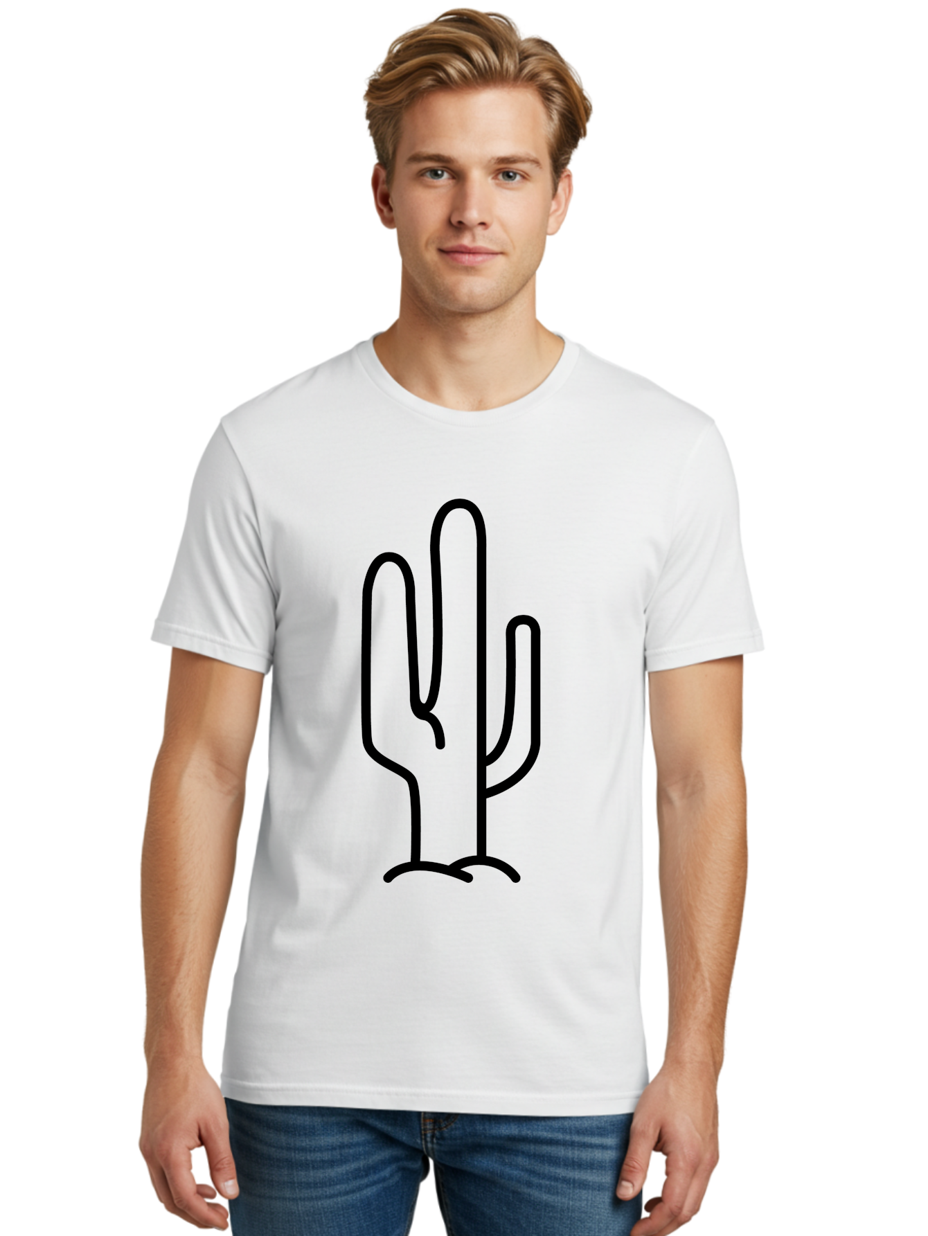 Middle-Finger-Cactus Men'S Graphic Tee, 100% Cotton, Comfortable Casual Summer Wear, Machine Washable, Simple Cactus Drawing, Minimalist Design, Black Outline, Desert Flora, Succulent Plant, Prickly Pear, Cartoon Style, Modern Art -  Aaa194