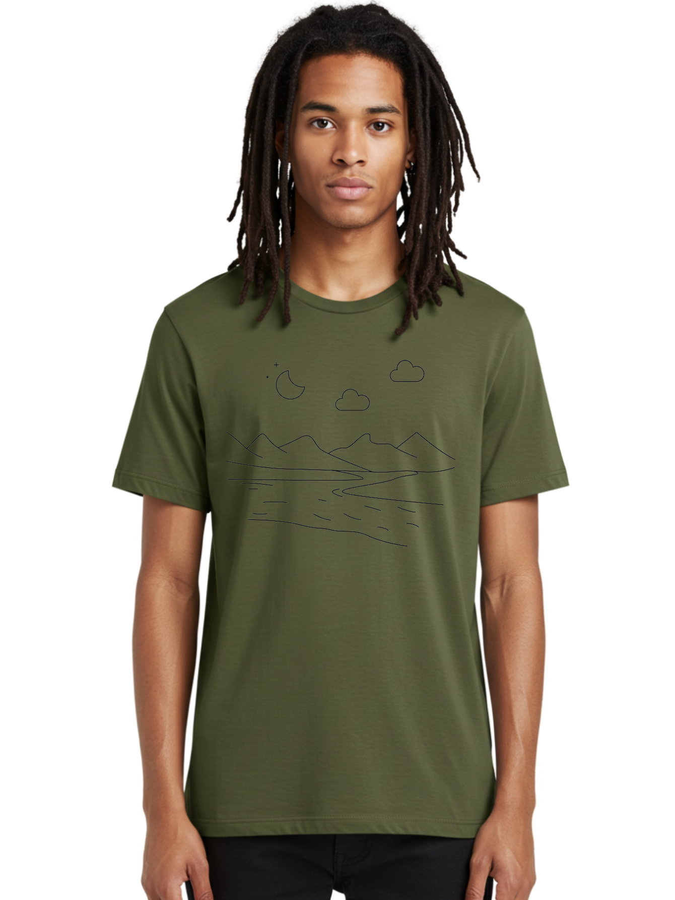 Moon-Stars-And-Clouds Men'S Graphic Tee, 100% Cotton, Comfortable Casual Summer Wear, Machine Washable, Moon And Stars, Serene Landscape, Majestic Mountains, Calm Water, Peaceful Atmosphere, Minimalist Design, Simple Art -  Aaa195