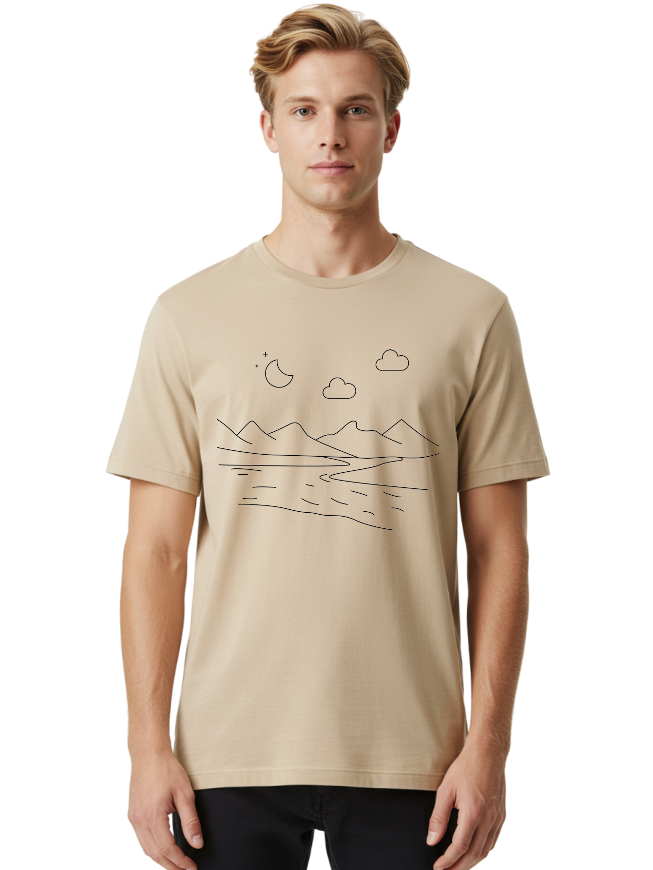 Moon-Stars-And-Clouds Men'S Graphic Tee, 100% Cotton, Comfortable Casual Summer Wear, Machine Washable, Moon And Stars, Serene Landscape, Majestic Mountains, Calm Water, Peaceful Atmosphere, Minimalist Design, Simple Art -  Aaa195