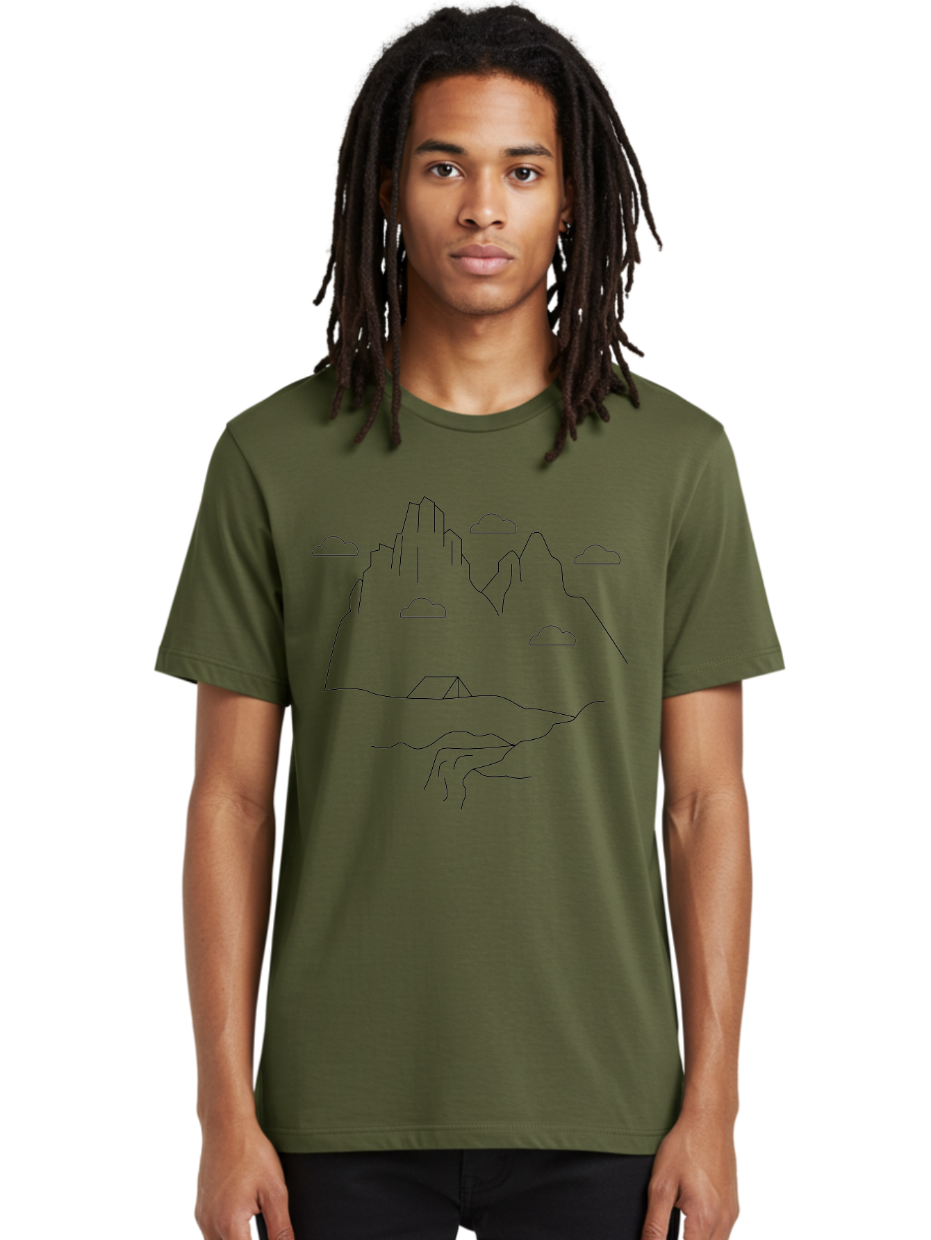 Mountain-Landscape-1 Men'S Graphic Tee, 100% Cotton, Comfortable Casual Summer Wear, Machine Washable, Mountain Peaks, Serene Landscape, Simple Illustration, Minimalist Art, Camping Tent, Outdoor Scenery, Rocky Terrain, Cloudy Sky, -  Aaa196
