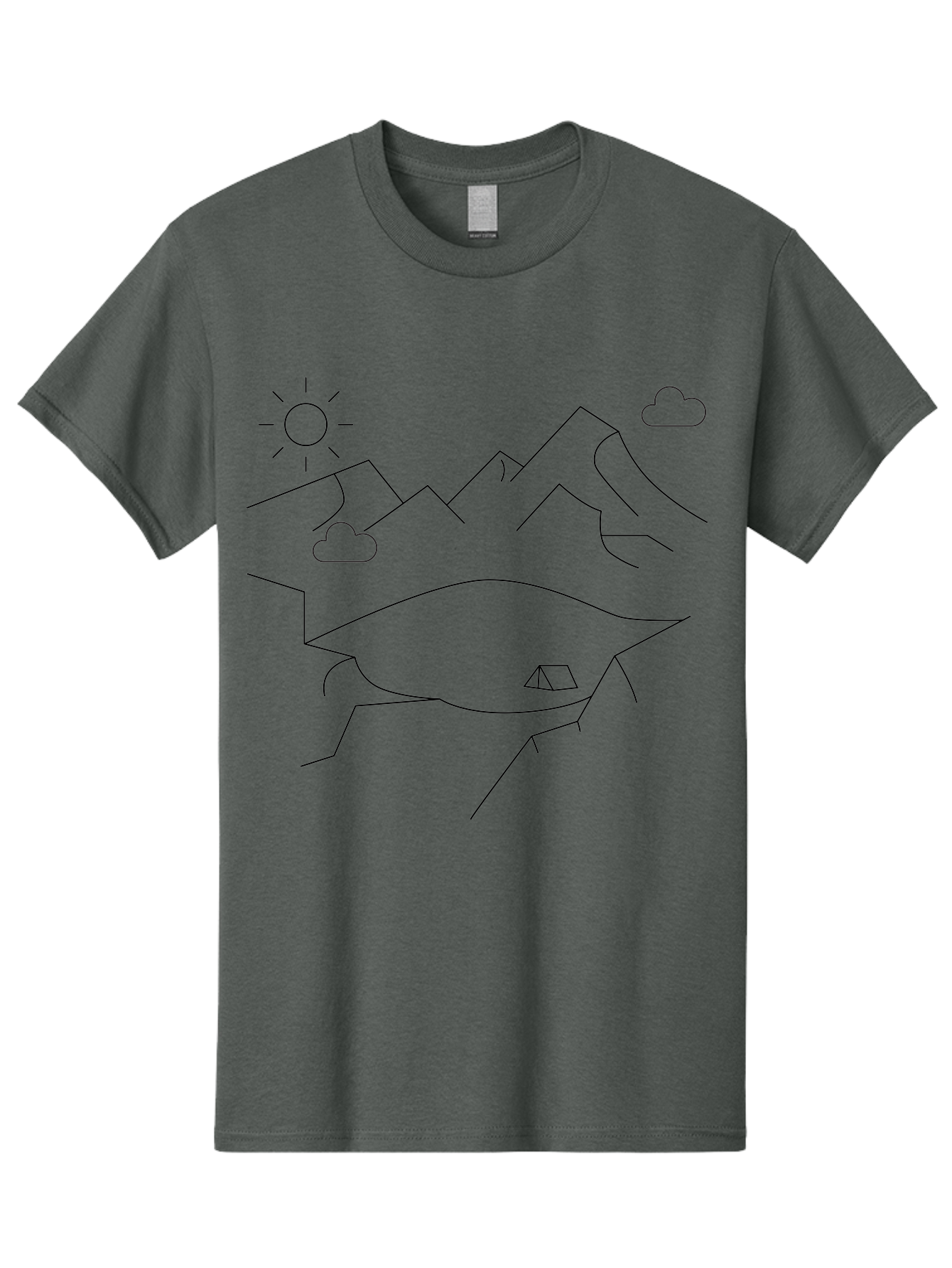 Mountain-Landscape Men'S Graphic Tee, 100% Cotton, Comfortable Casual Summer Wear, Machine Washable, Outdoor Adventure, Nature Escape, Mountains, Tent, Simple Drawing, Serene Landscape, Camping, Scenic View -  Aaa198