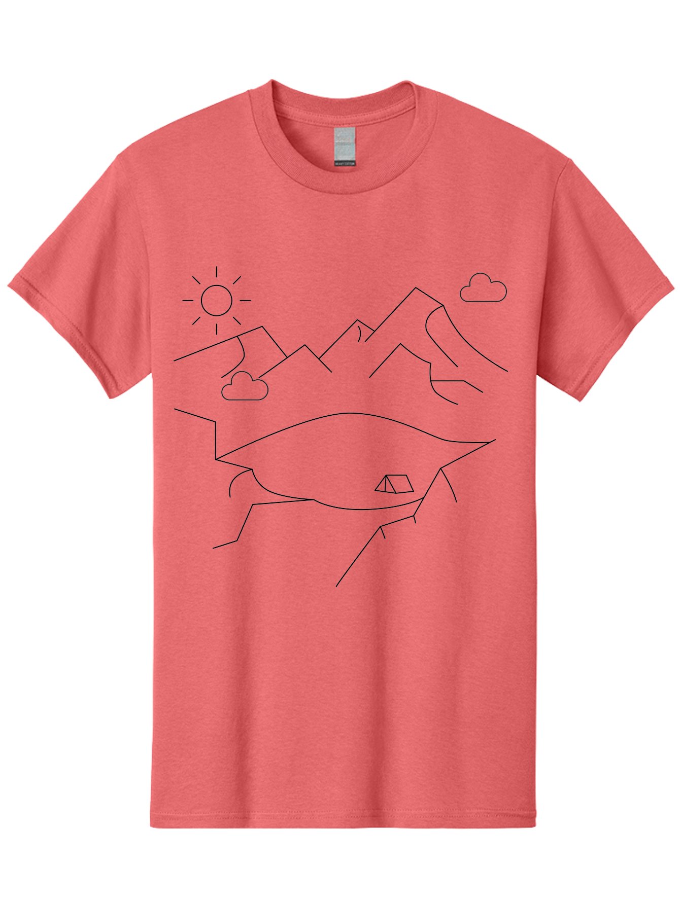 Mountain-Landscape Men'S Graphic Tee, 100% Cotton, Comfortable Casual Summer Wear, Machine Washable, Outdoor Adventure, Nature Escape, Mountains, Tent, Simple Drawing, Serene Landscape, Camping, Scenic View -  Aaa198