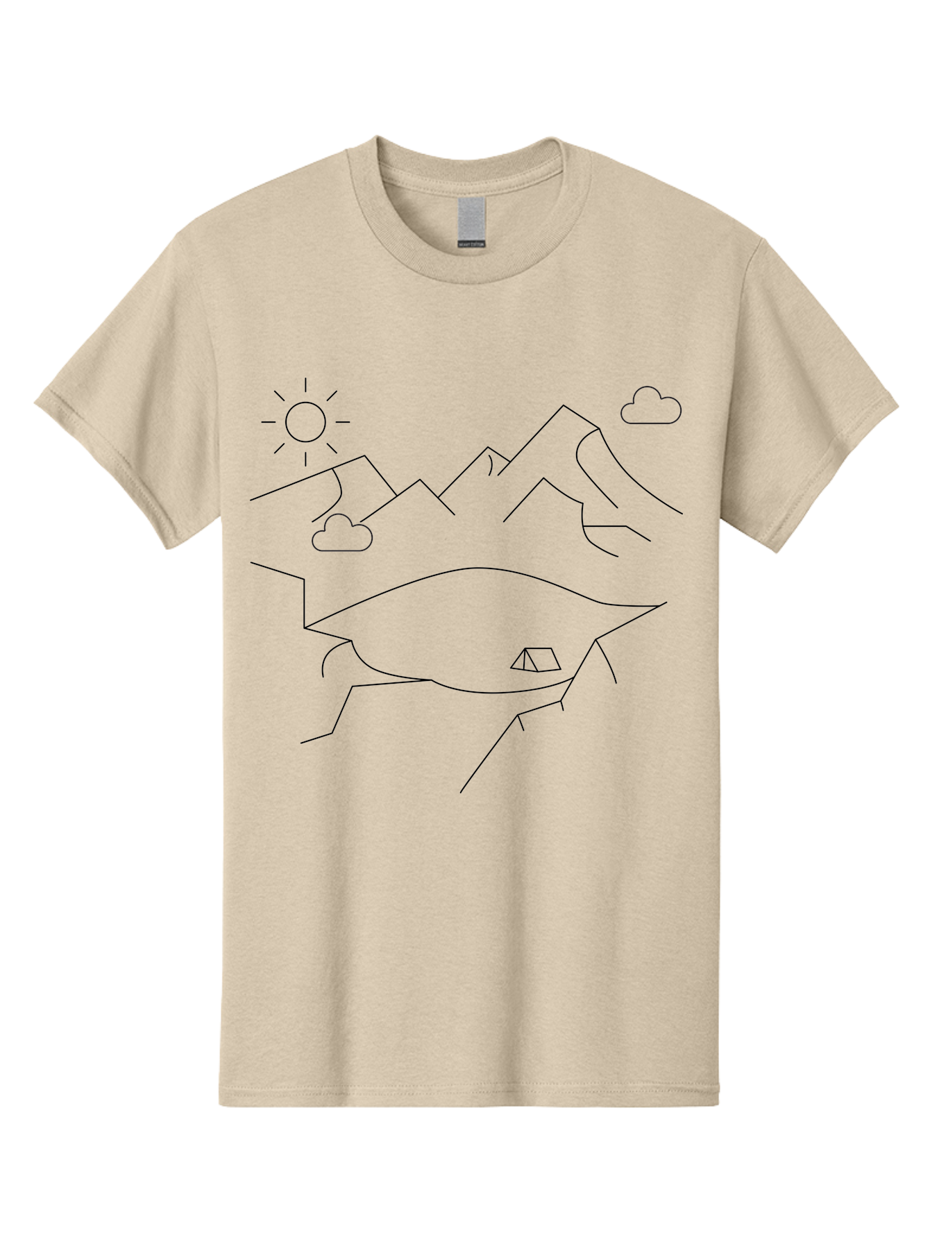 Mountain-Landscape Men'S Graphic Tee, 100% Cotton, Comfortable Casual Summer Wear, Machine Washable, Outdoor Adventure, Nature Escape, Mountains, Tent, Simple Drawing, Serene Landscape, Camping, Scenic View -  Aaa198