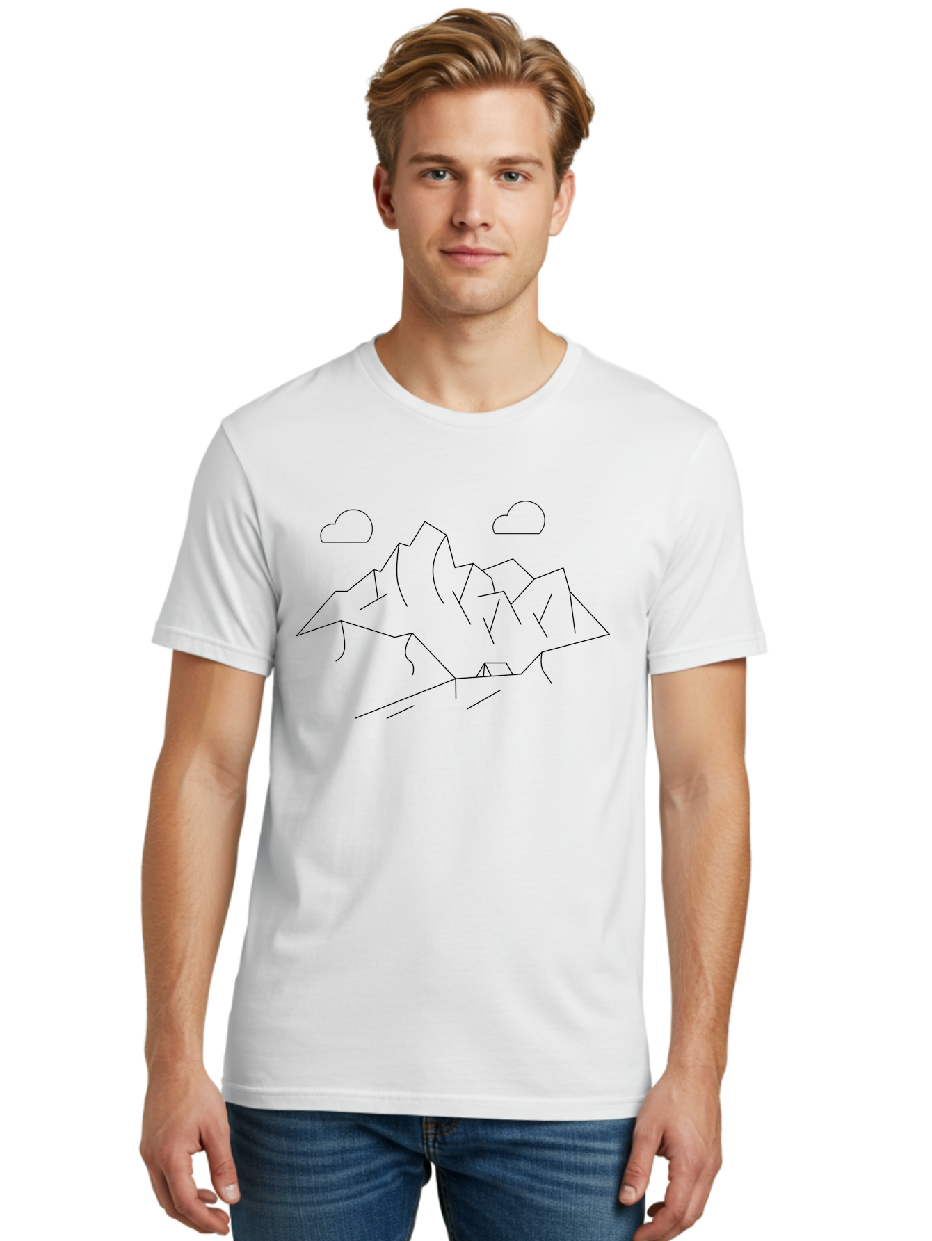 mountain landscape, simple line art, minimalist design, clouds, outdoor scenery, natural beauty, serene atmosphere, modern illustrations, abstract art