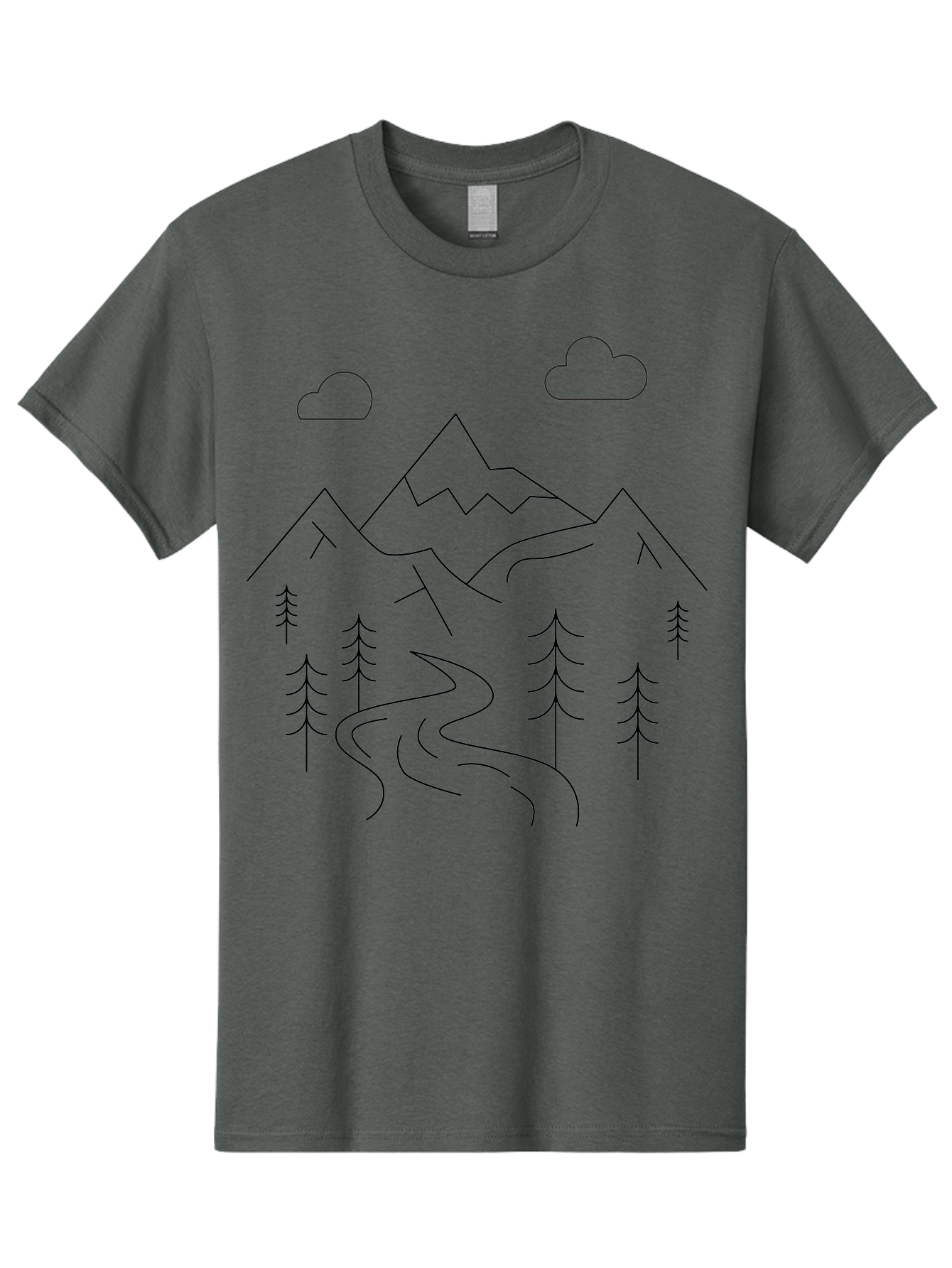 Mountains-And-Trees Men'S Graphic Tee, 100% Cotton, Comfortable Casual Summer Wear, Machine Washable, Mountain Range, Winding River, Pine Trees, Clouds, Serene Landscape, Minimalist Art, Simple Design, Nature Illustration -  Aaa200