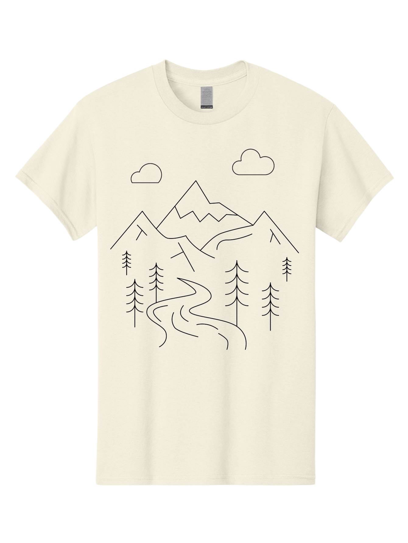 Mountains-And-Trees Men'S Graphic Tee, 100% Cotton, Comfortable Casual Summer Wear, Machine Washable, Mountain Range, Winding River, Pine Trees, Clouds, Serene Landscape, Minimalist Art, Simple Design, Nature Illustration -  Aaa200