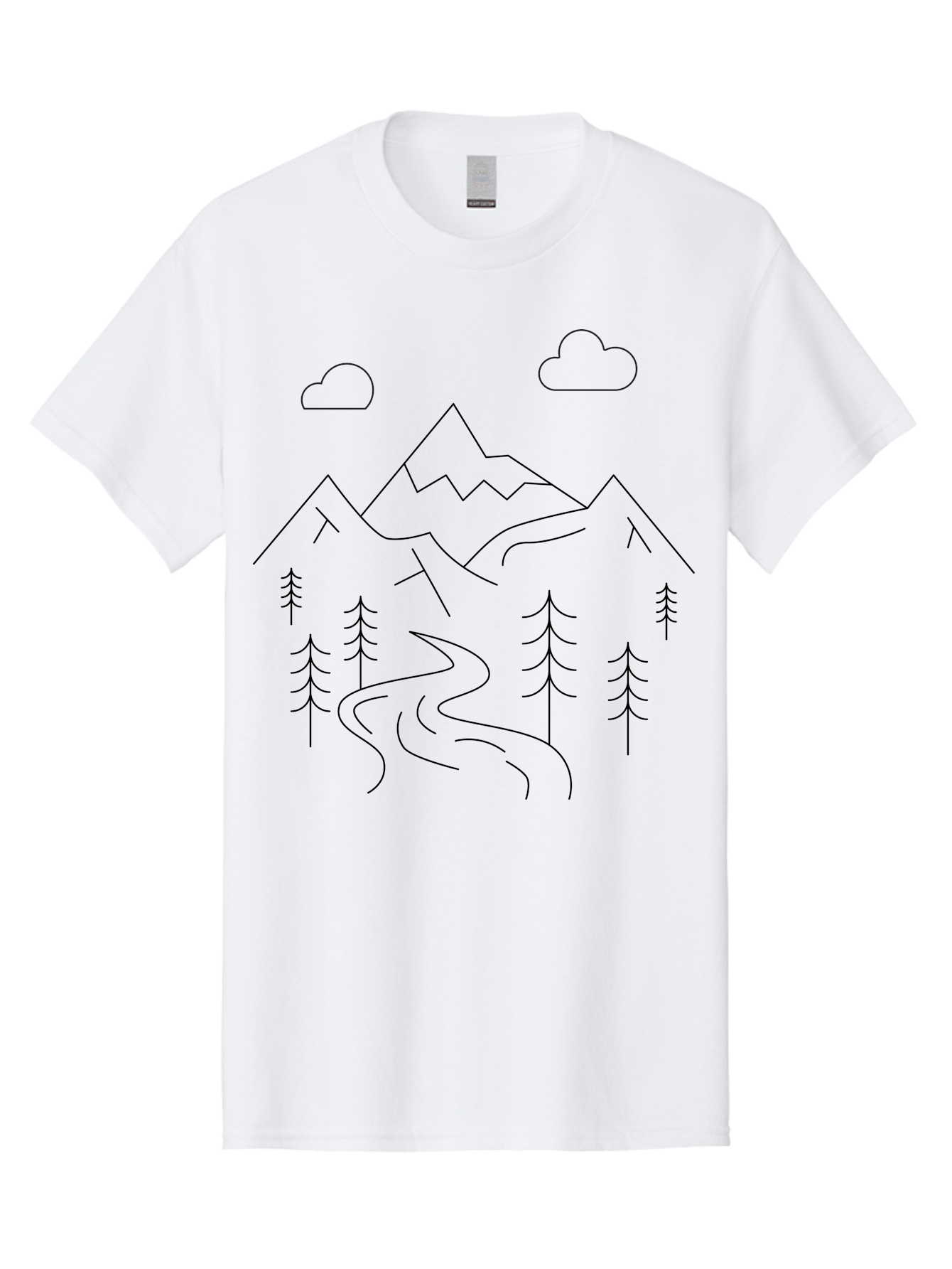 Mountains-And-Trees Men'S Graphic Tee, 100% Cotton, Comfortable Casual Summer Wear, Machine Washable, Mountain Range, Winding River, Pine Trees, Clouds, Serene Landscape, Minimalist Art, Simple Design, Nature Illustration -  Aaa200