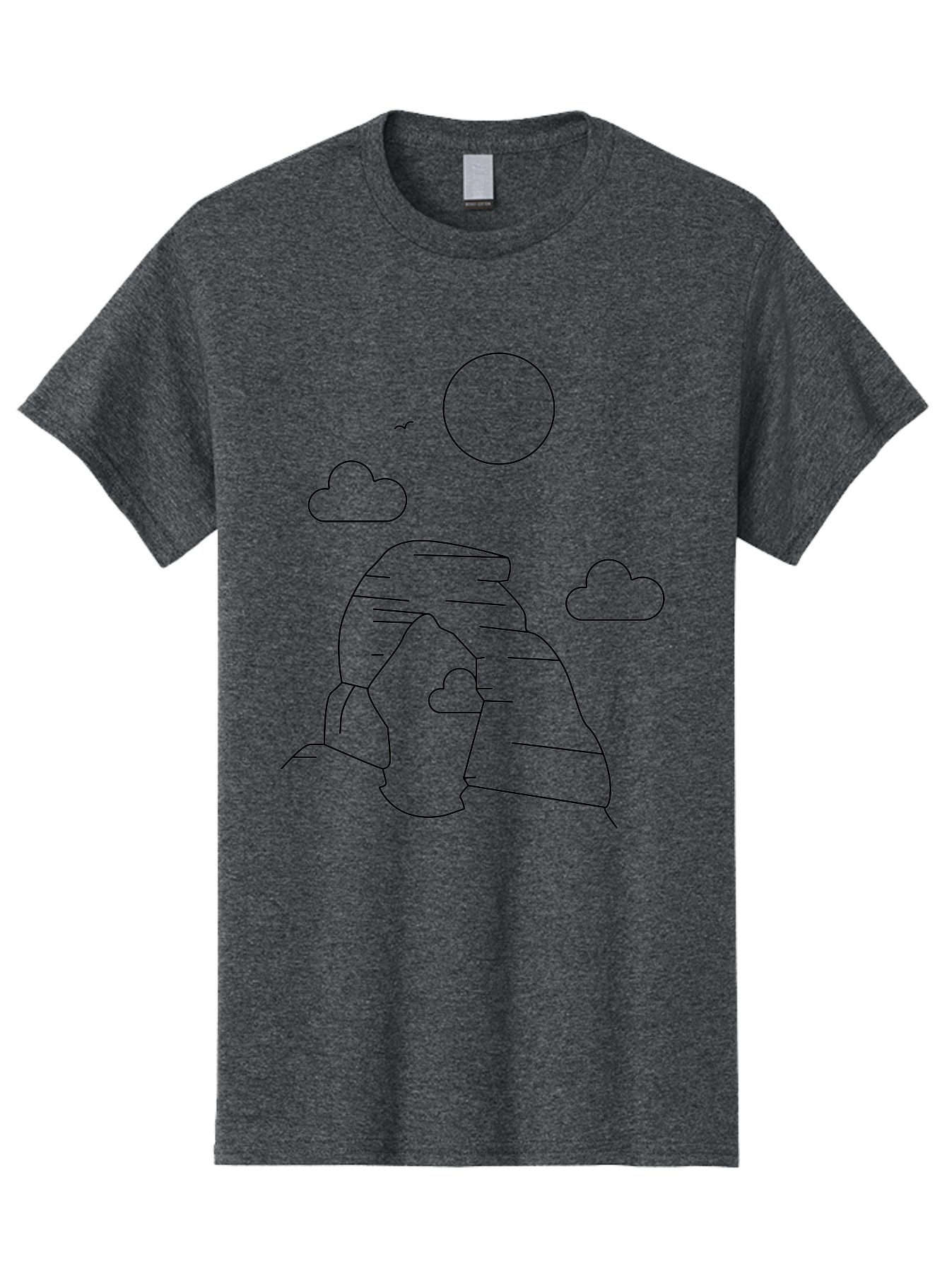 Rock-Formation Men'S Graphic Tee, 100% Cotton, Comfortable Casual Summer Wear, Machine Washable, Rocky Landscape, Minimalist Art, Simple Shapes, Whimsical Design, Clouds, Sun, Birds Flying, Serene Atmosphere, Modern Illustration, -  Aaa203