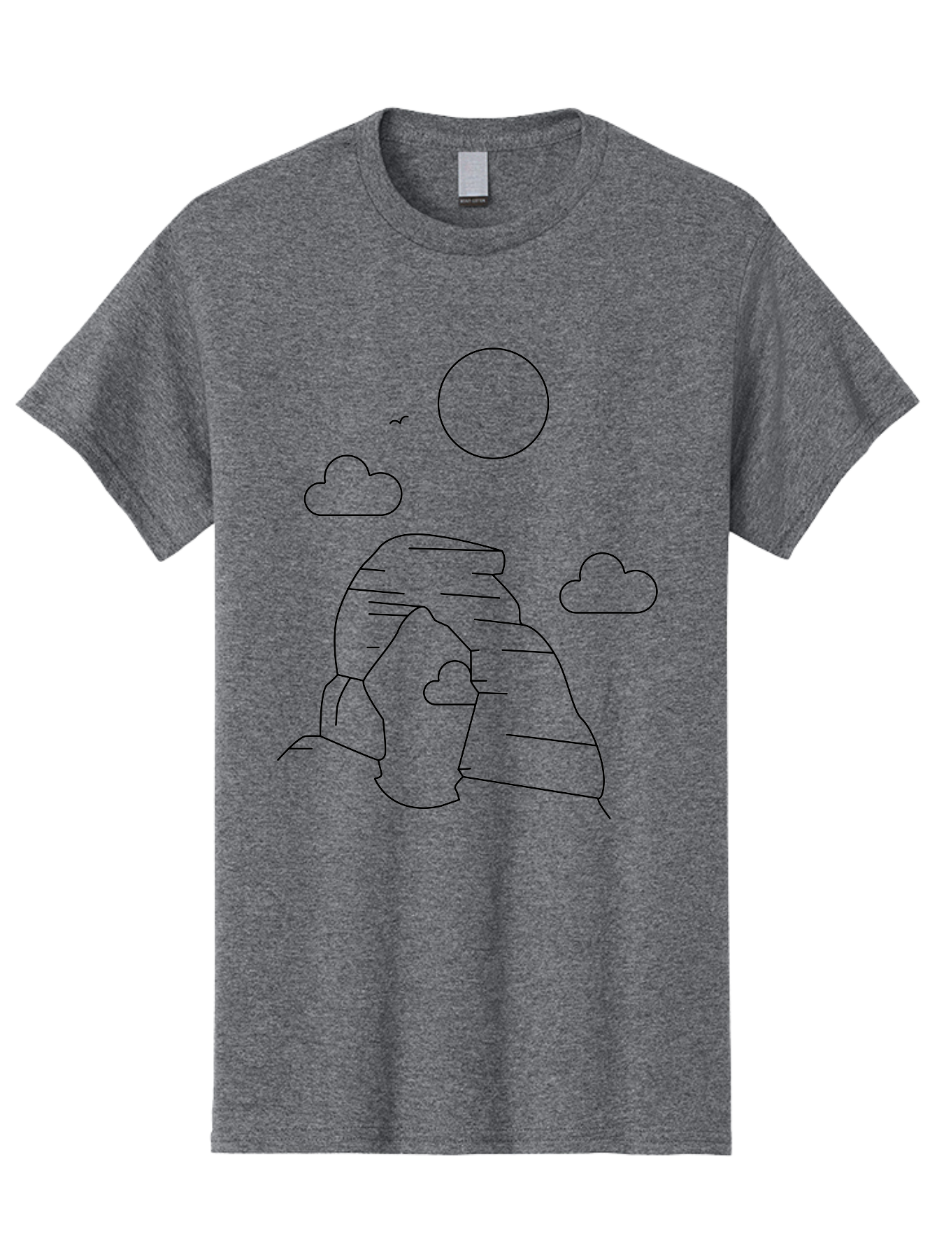 Rock-Formation Men'S Graphic Tee, 100% Cotton, Comfortable Casual Summer Wear, Machine Washable, Rocky Landscape, Minimalist Art, Simple Shapes, Whimsical Design, Clouds, Sun, Birds Flying, Serene Atmosphere, Modern Illustration, -  Aaa203