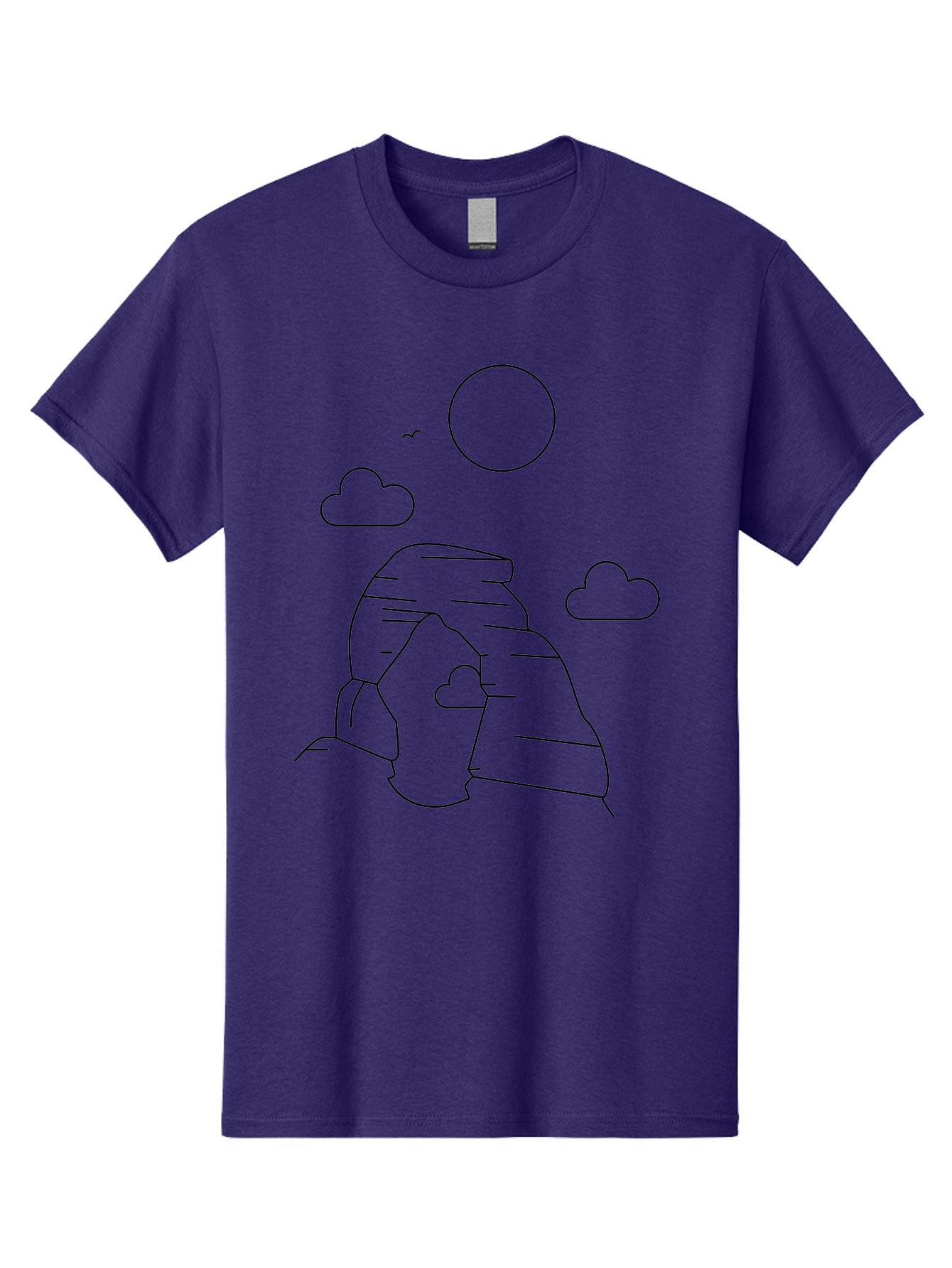 Rock-Formation Men'S Graphic Tee, 100% Cotton, Comfortable Casual Summer Wear, Machine Washable, Rocky Landscape, Minimalist Art, Simple Shapes, Whimsical Design, Clouds, Sun, Birds Flying, Serene Atmosphere, Modern Illustration, -  Aaa203