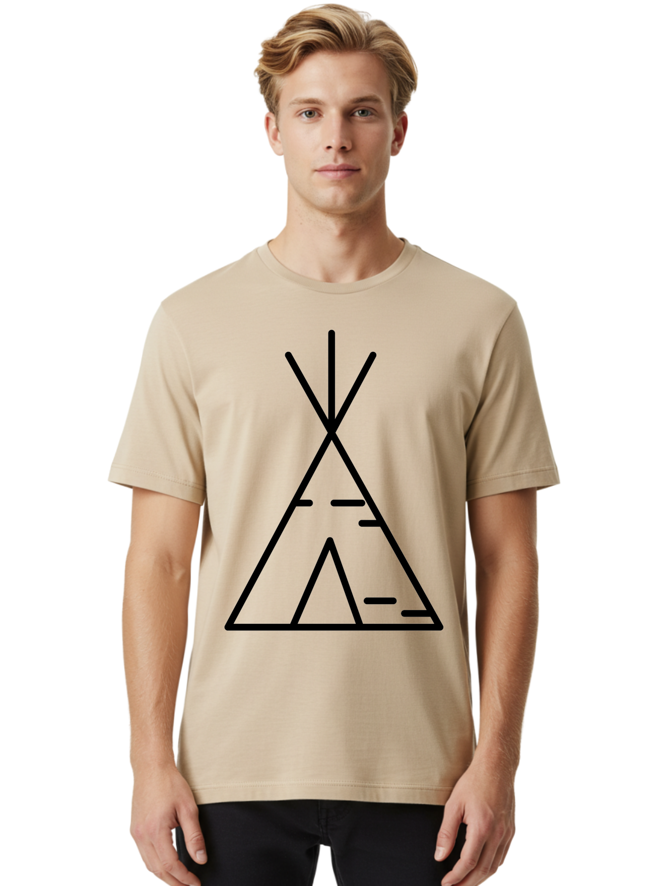 Tent-2 Men'S Graphic Tee, 100% Cotton, Comfortable Casual Summer Wear, Machine Washable, Teepee Icon, Camping Symbol, Minimalist Design, Tribal Inspiration, Simple Lines, Geometric Shape, Outdoor Adventure, Black Outline -  Aaa212