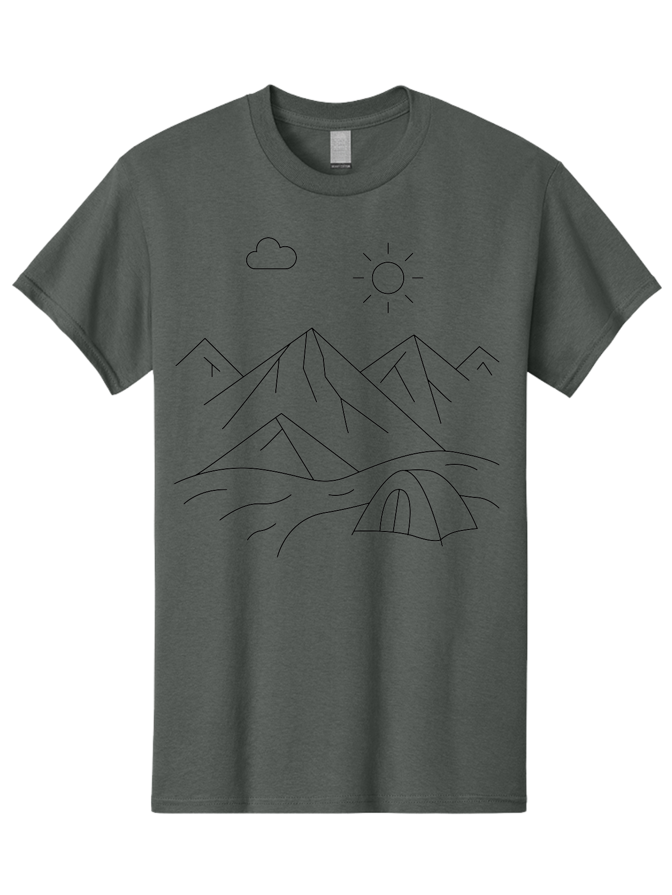 Tent-And-Mountain Men'S Graphic Tee, 100% Cotton, Comfortable Casual Summer Wear, Machine Washable, Mountain Landscape, Simple Line Art, Serene Atmosphere, Tent, Sun, Cloud, Minimalist Design, Outdoor Scenery, Natural Beauty, Camping -  Aaa215
